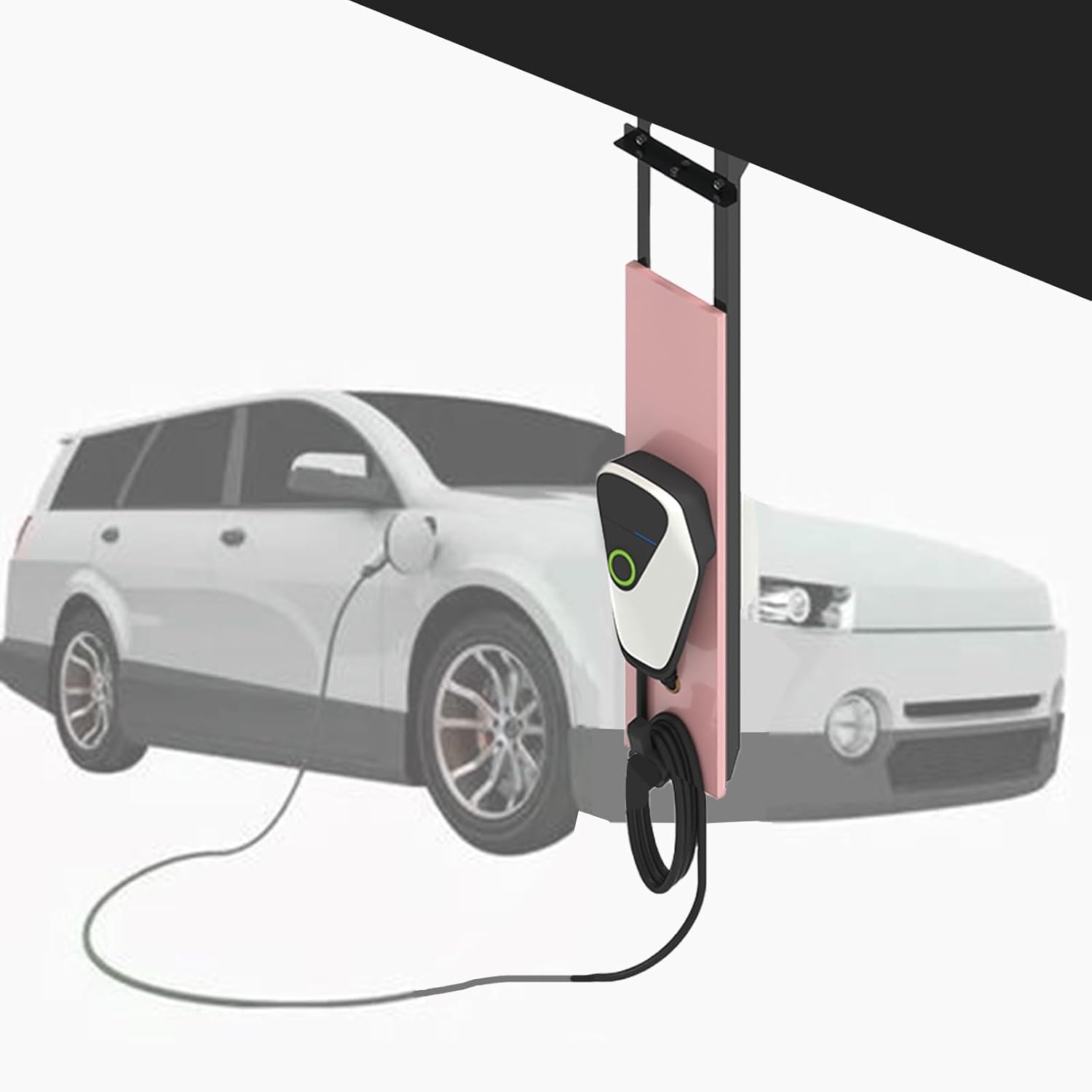 Universal EV Charger Stand with Hook, Top Mount Electric Vehicle Charging Station for Garage & Community, Durable Dark Gray Pedestal for Easy Cable Management