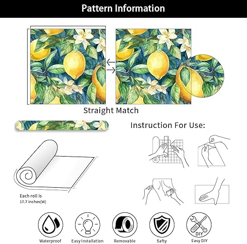 Miniatura 7 de Papel tapiz autoadhesivo autoadhesivo de 18 x 236 pulgadas, con frutas de árbol de limón, pintura al óleo amarilla, papel de contacto extraíble para