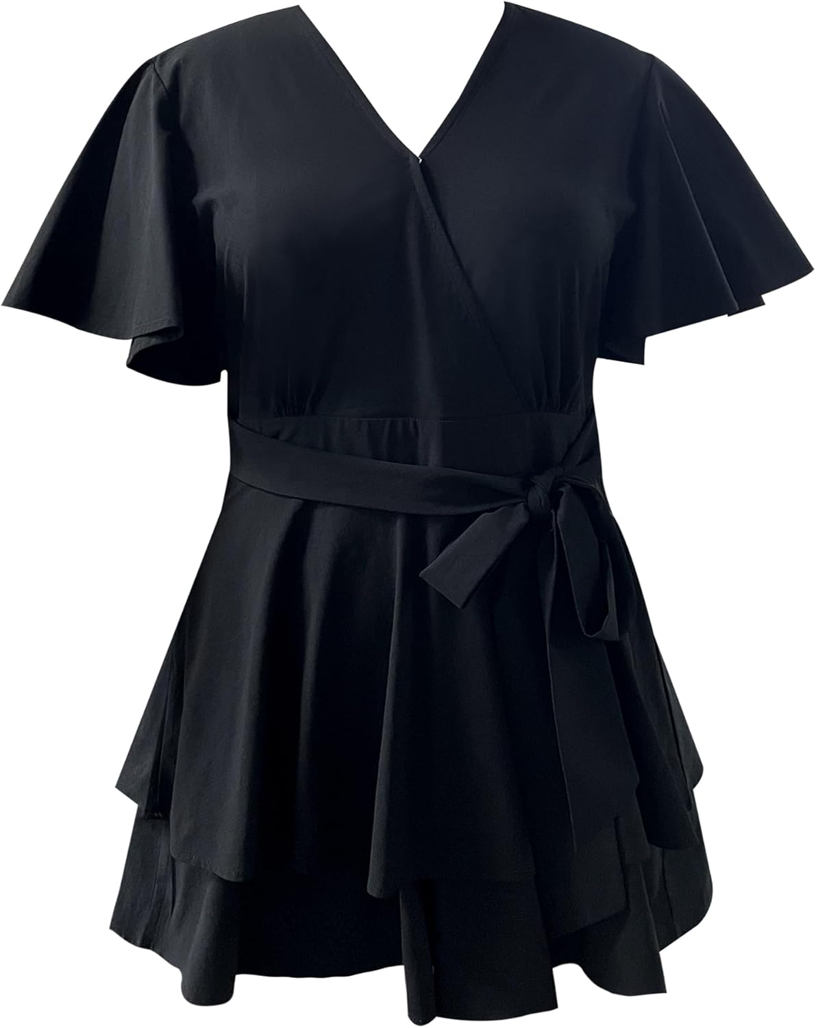 Relipop Women's Floral Rompers Jumpsuits V Neck Short Baggy Sleeve Waist Tie Double Layer Ruffle Hem Romper 2026 Trendy - Image 5