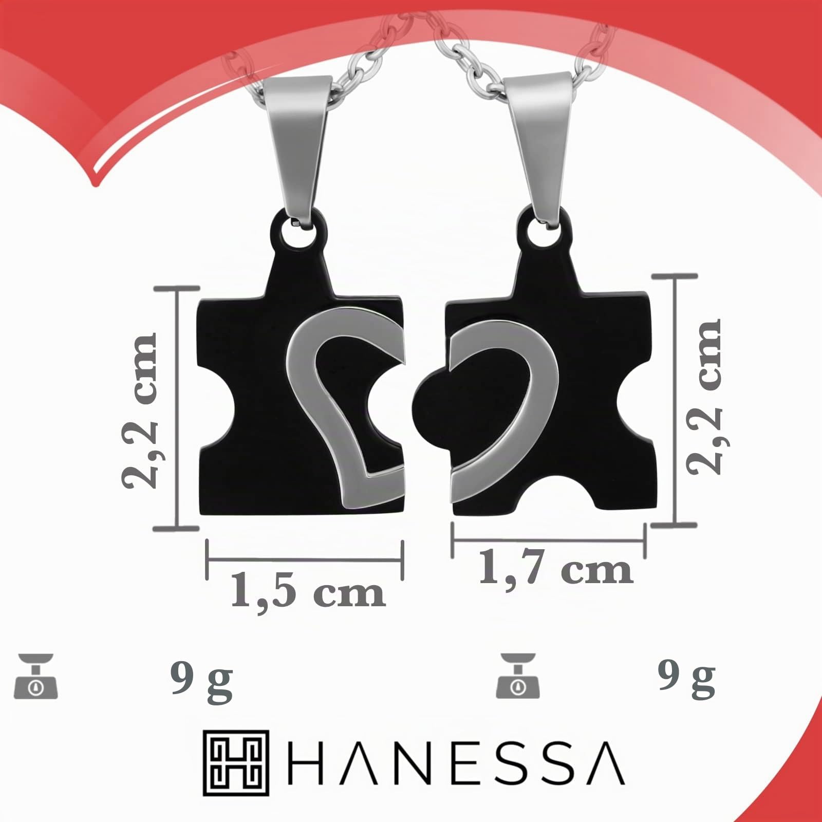 2 Stück Personalisierte Kette mit Gravur Edelstahl 50 cm mit Anhänger Herz Puzzle in silber schwarz - Personalisierte Geschenke für Damen Herren Freundin Freund - Partner Halskette Sie Ihn