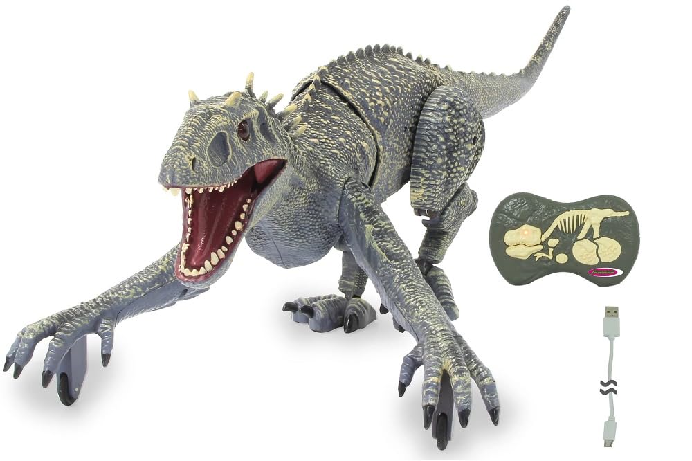 JAMARA Dinosaurier Exoraptor Li-Ion 3,7V 2,4GHz - Vorderfüße auf 2 Rollen, bewegliche Teile, realistisches Dinosauriergebrüll, ferngesteuert RC
