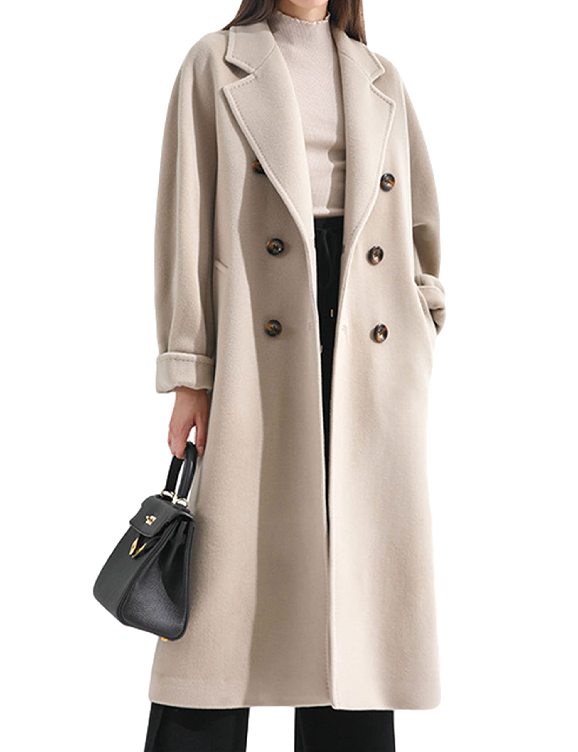 Women Wool Blend Pea Coat Camel Notched Collar Double Breasted Outerwear Jacket