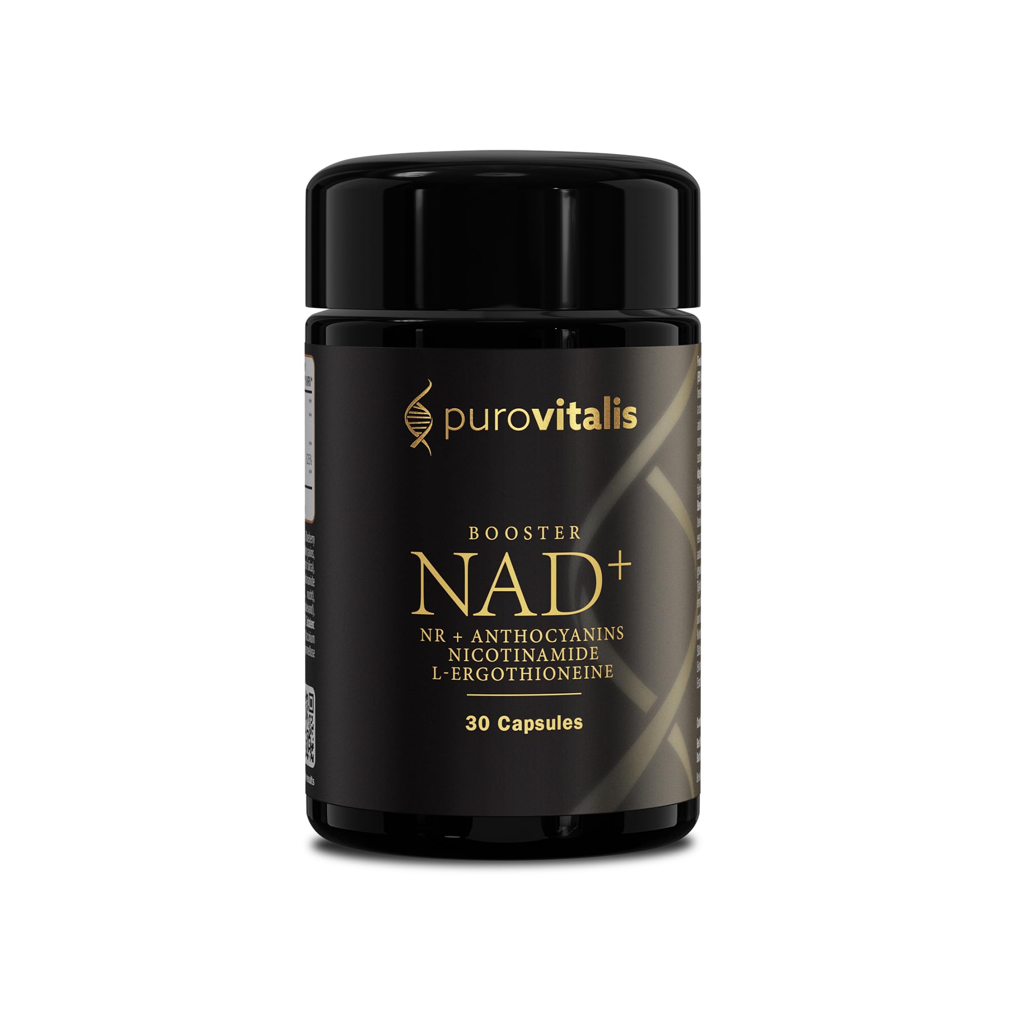 PUROVITALIS NAD+ 520mg, Nicotinamida Ribósido, Ergotioneína, 30 Cápsulas | Energía celular con L-Ergotioneína y antocianinas; reparación del ADN; suministro 1 mes, sin gluten, GMP, vegano