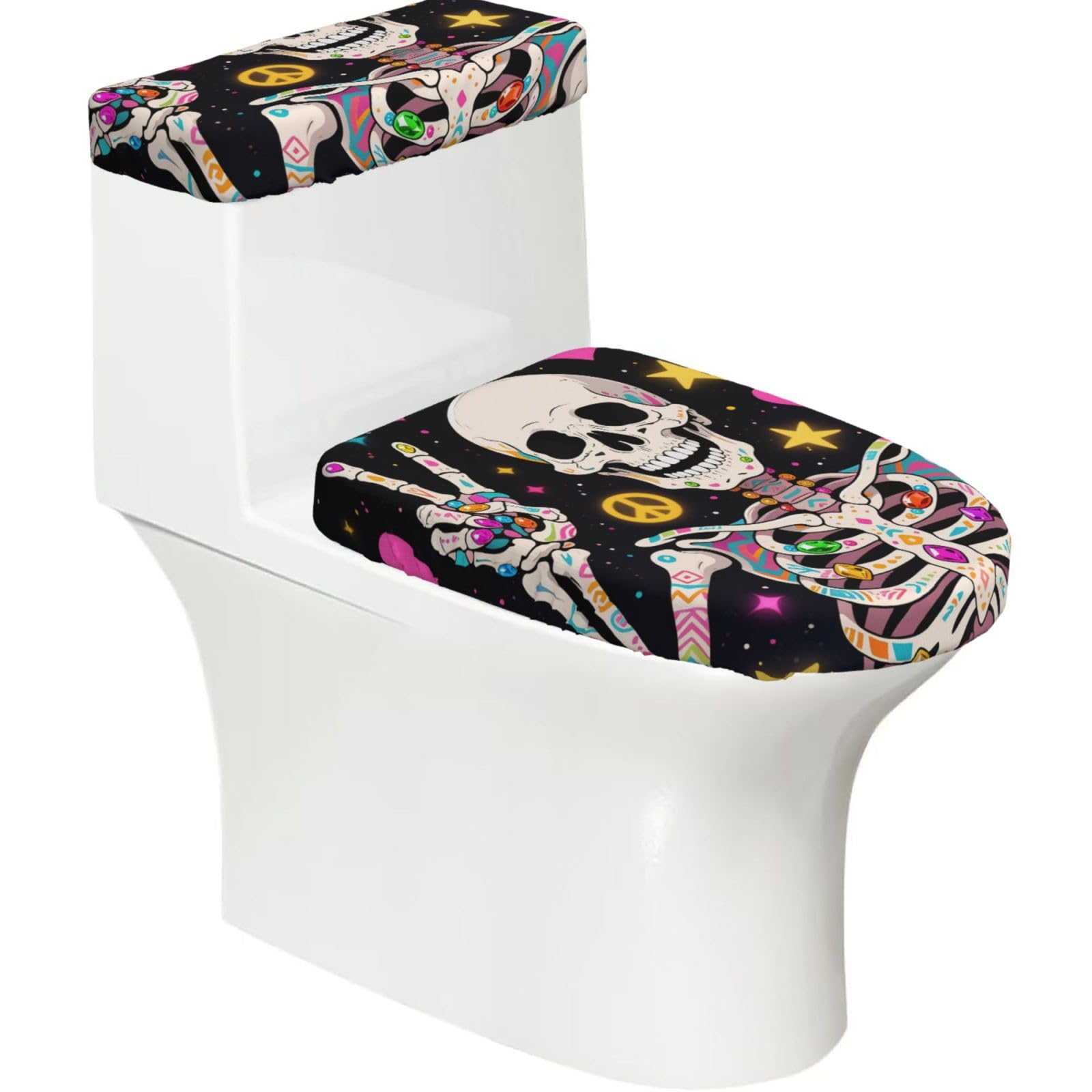 FekiLoot Hippie Skull Toilet Lid Cover and Toilet Tank Cover Set of 2,Dust Splash Resistant Toilet Top Covers Soft Washable Toilet Lid Seat Cover for Bathroom Office Home Decor