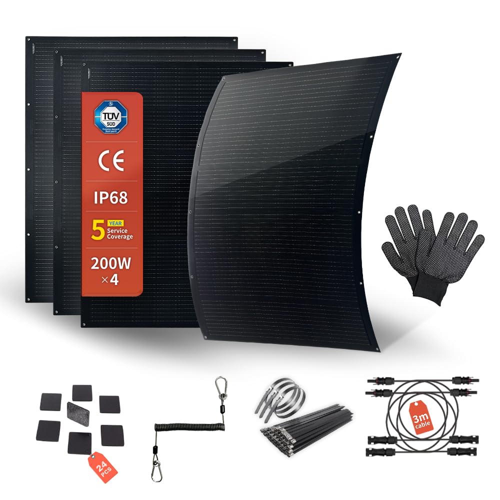 SAT-200-F8MP 800 W Set di Pannelli Solari Flessibili, 4 x 200 W | Celle monocristalline da 15,3 V, finitura nera opaca, peso 3 kg, protezione IP68, accessori di montaggio e cavo DC inclusi