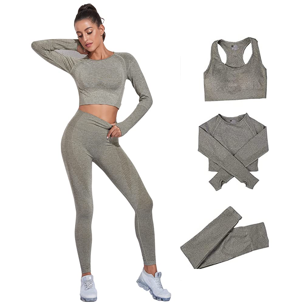 Conjunto Deportivo para Mujer 2/3 Piezas Top Manga Larga Running Pantalones Cintura Alta Elásticos Leggings Fitness sin Costuras Yoga Gimnasio