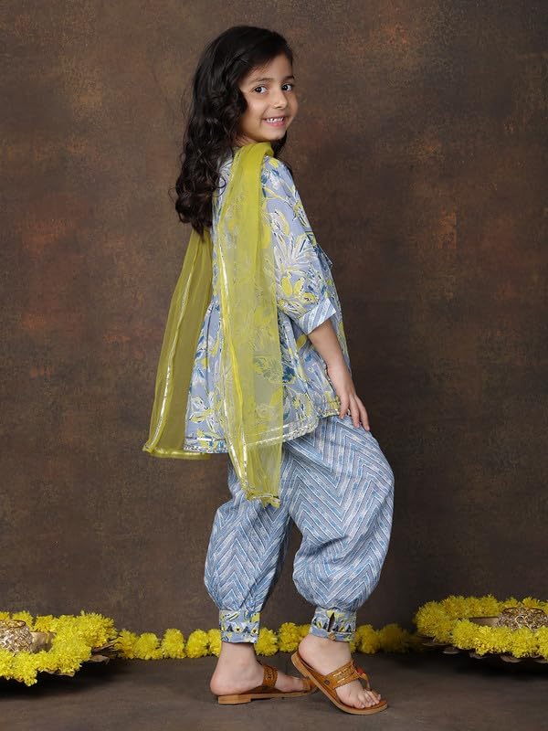 Superminis Girls Cotton Floral Printed Kurti Palazzo Style Salwar Set With Net Dupatta Kids Ethnic Wear Set