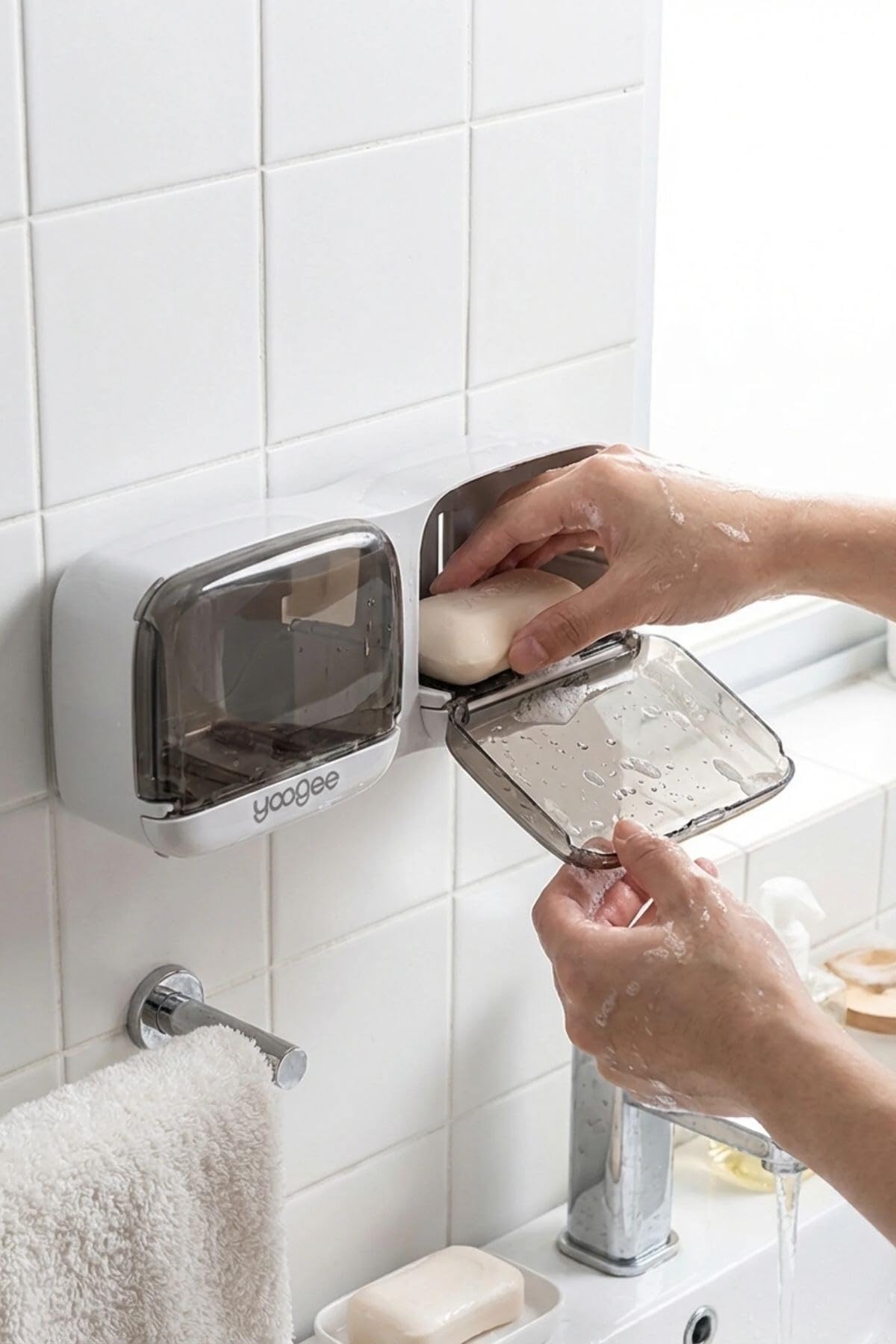 Buffer Duvara Monte İkili Kapaklı Plastik Sabunluk Organizer, Banyo ve Mutfak için Yapışkanlı Sabun Kutusu, 25.5x9.5x5 cm