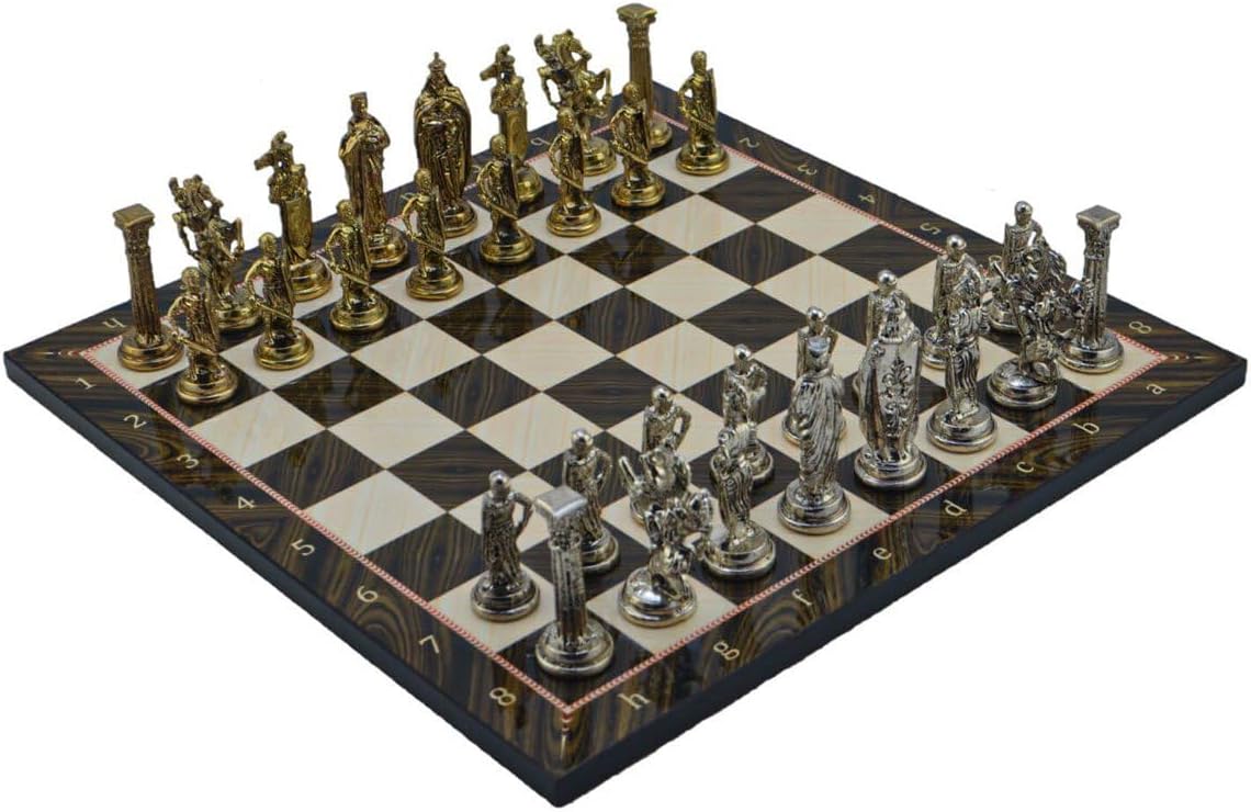 Metal Chess Set for Adults Royal British Army,Handmade Pieces and Different Design Wooden Chess Board King 3.35 inc (Walnut)