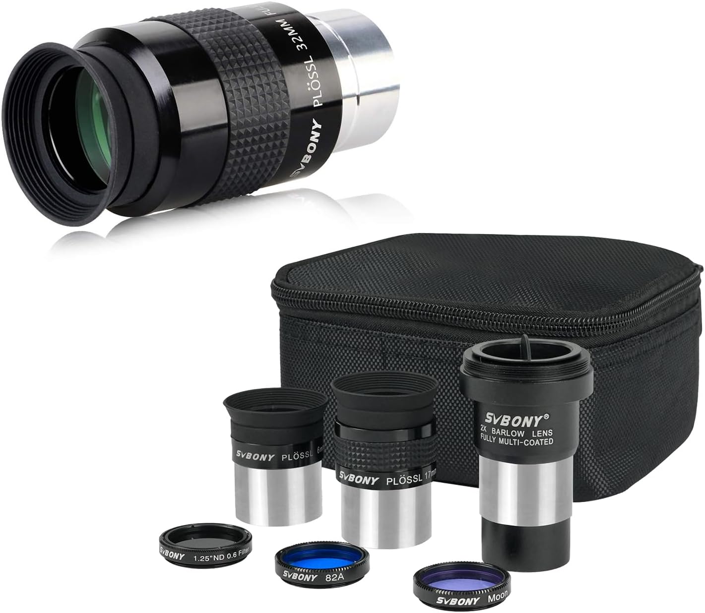 SVBONY SV233 7PCS Telescope Accessory Kit with Plossl Eyepiece, 2X Barlow Lens, Moon/ND4/82A Color Filter and Bag Bundle with SV131 32mm 1.25 Inch Plossl Telescope Eyepiece, for Astronomical Visual