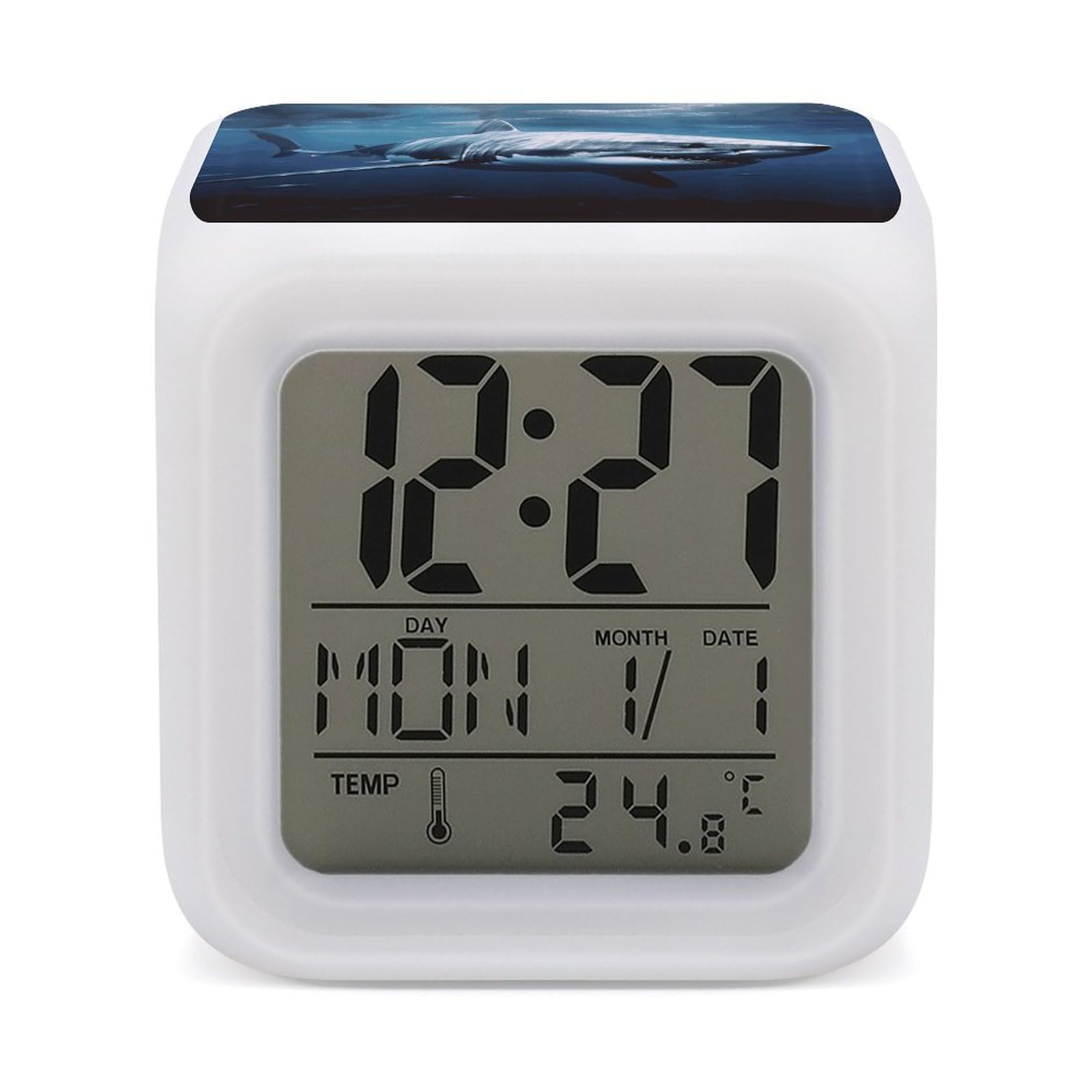 Reloj digital tiburón blanco infantil con luces LED de 7 colores para entrenar el sueño en mesa