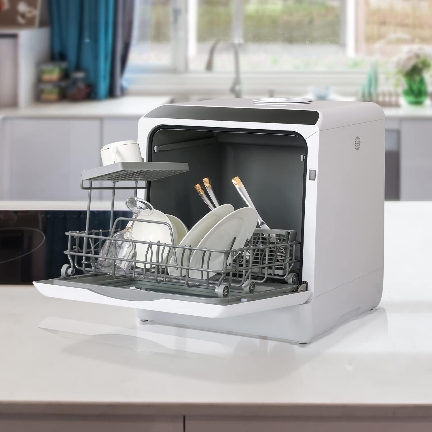 YOURLITE Mini Lave-Vaisselle de Comptoir,6 Programmes de lavage,5L | Lave Vaisselle de Table avec Grand Écran,Contrôle Tactile,3 Couverts,Double Jet 360°,pour Camping-car,APT,Dortoir,Blanc/Noir