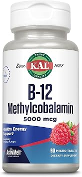 KAL Vitamin B12 Methylcobalamin 5000mcg, Healthy Energy, Metabolism, Nerve & Red Blood Cell Support,* Fast Dissolve ActivMelts, Optimal Absorption, Natural Raspberry Flavor, 90 Servings, 90 Micro Tabs | Cellular Energy, Metabolism, Nerve & Red Blood Cell Support, Methylcobalamin B12, 90 Servings, Vegetarian & Lab Verified