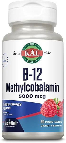 KAL Vitamin B12 Methylcobalamin 5000mcg, Healthy Energy, Metabolism, Nerve & Red Blood Cell Support,* Fast Dissolve ActivMelts, Optimal Absorption, Natural Raspberry Flavor, 90 Servings, 90 Micro Tabs