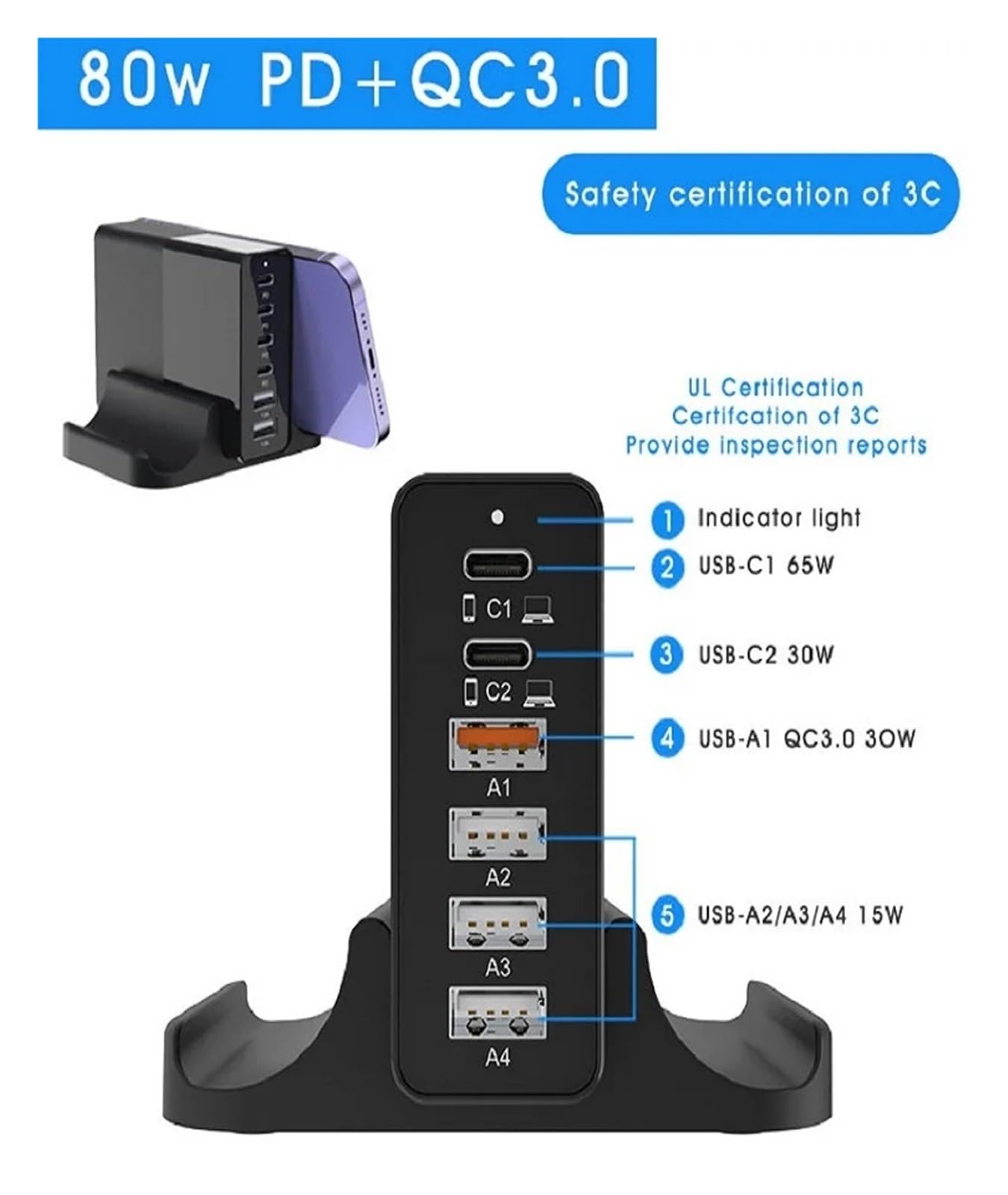 Ładowarka USB 80 W Wieloportowa Stacja Ładująca Szybkie Ładowanie Zasilacz Stacjonarny PD TypeC 6 Portów QC3.0 MożLiwość Szybkiego łAdowania