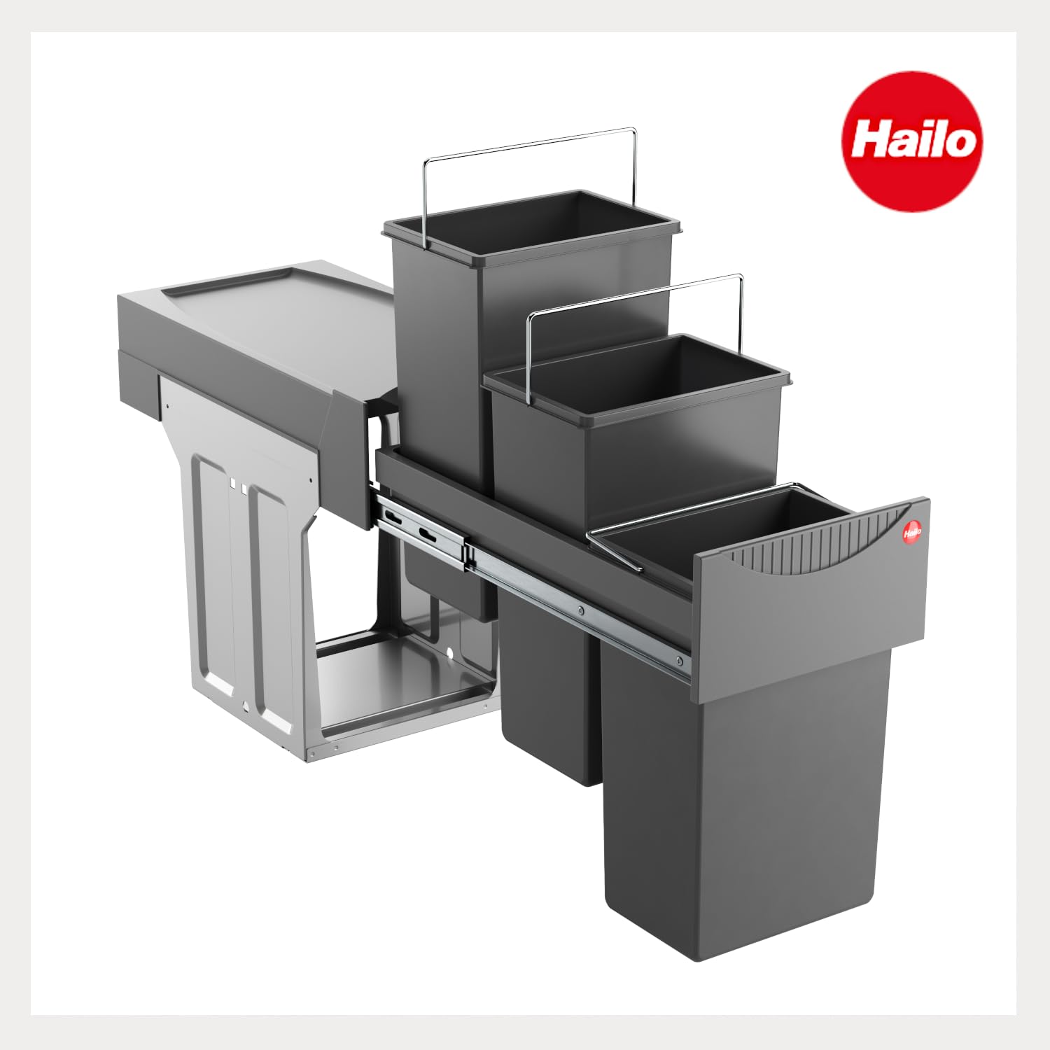 Hailo Abfallsammler Tandem 3666131 | für Schränke ab 30 cm Schrankbreite mit Drehtür | Einbau Mülleimer 3x 10L | Vollauszug 3fach auf Teleskopschienen | Anthrazit