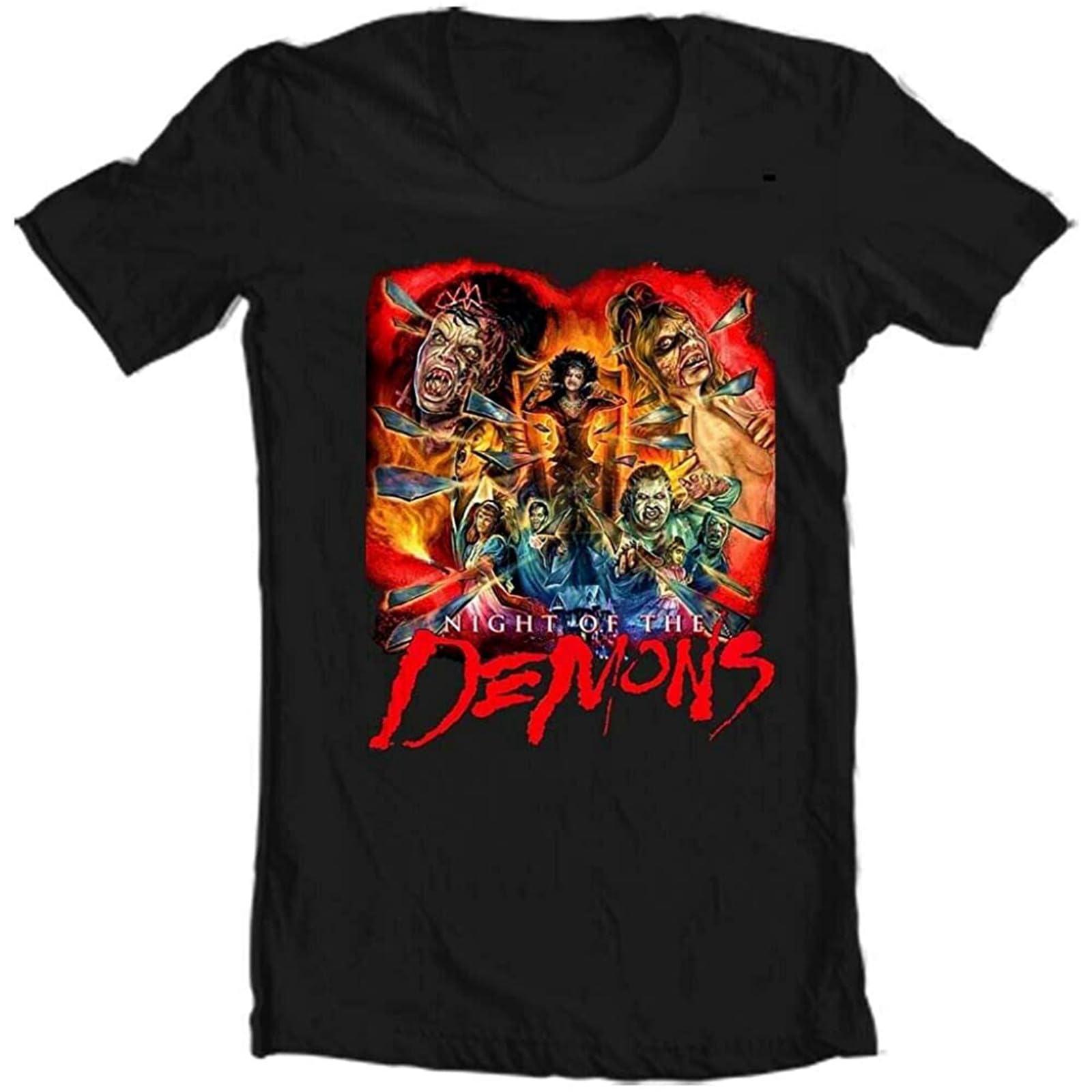 Amairart Men's Black Night Of The Demons 1988 T Shirt Retro Horror Comedy Movie Vintage Graphic Tee L