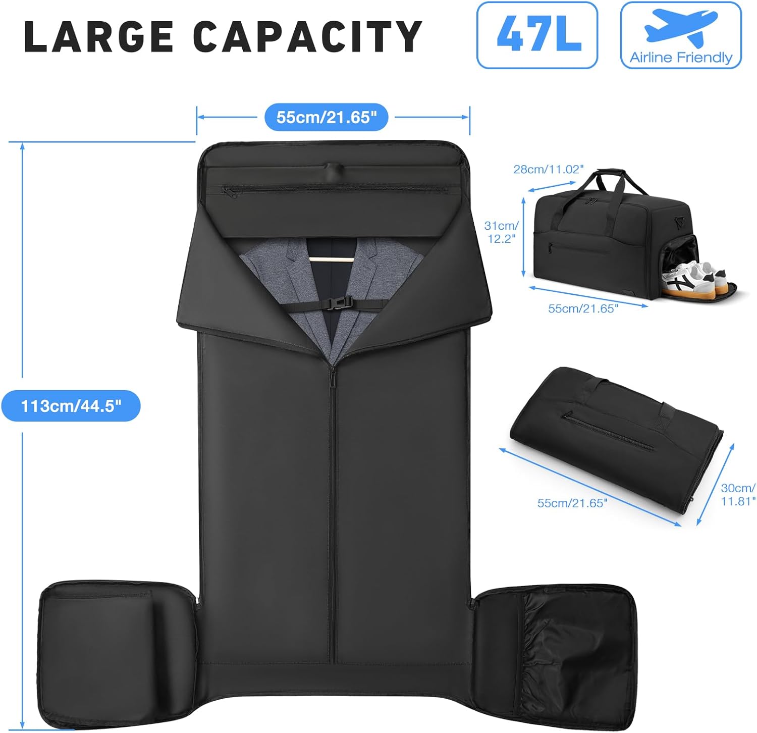 Garment Duffle Bag for Men,Convertible Garment Bags for Travel,Suit Carry-on Travel Bag Expandable with Shoes Compartment for Business Trip,Weekend(Black) - Image 7