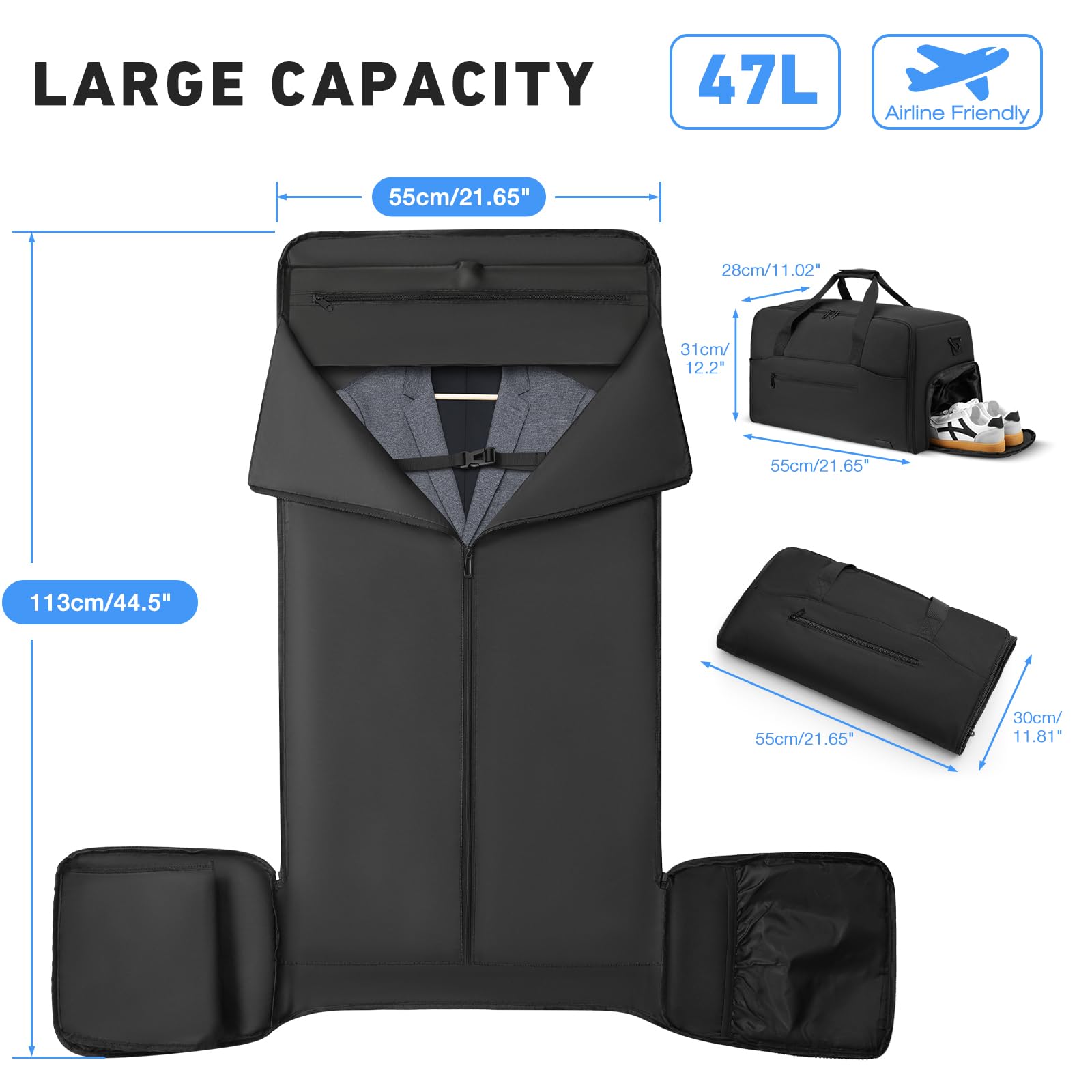 Borsone porta abiti da uomo e donna, convertibile per viaggi, borsa da viaggio espandibile con scomparto per scarpe per viaggi di lavoro, fine settimana, matrimonio (nero)