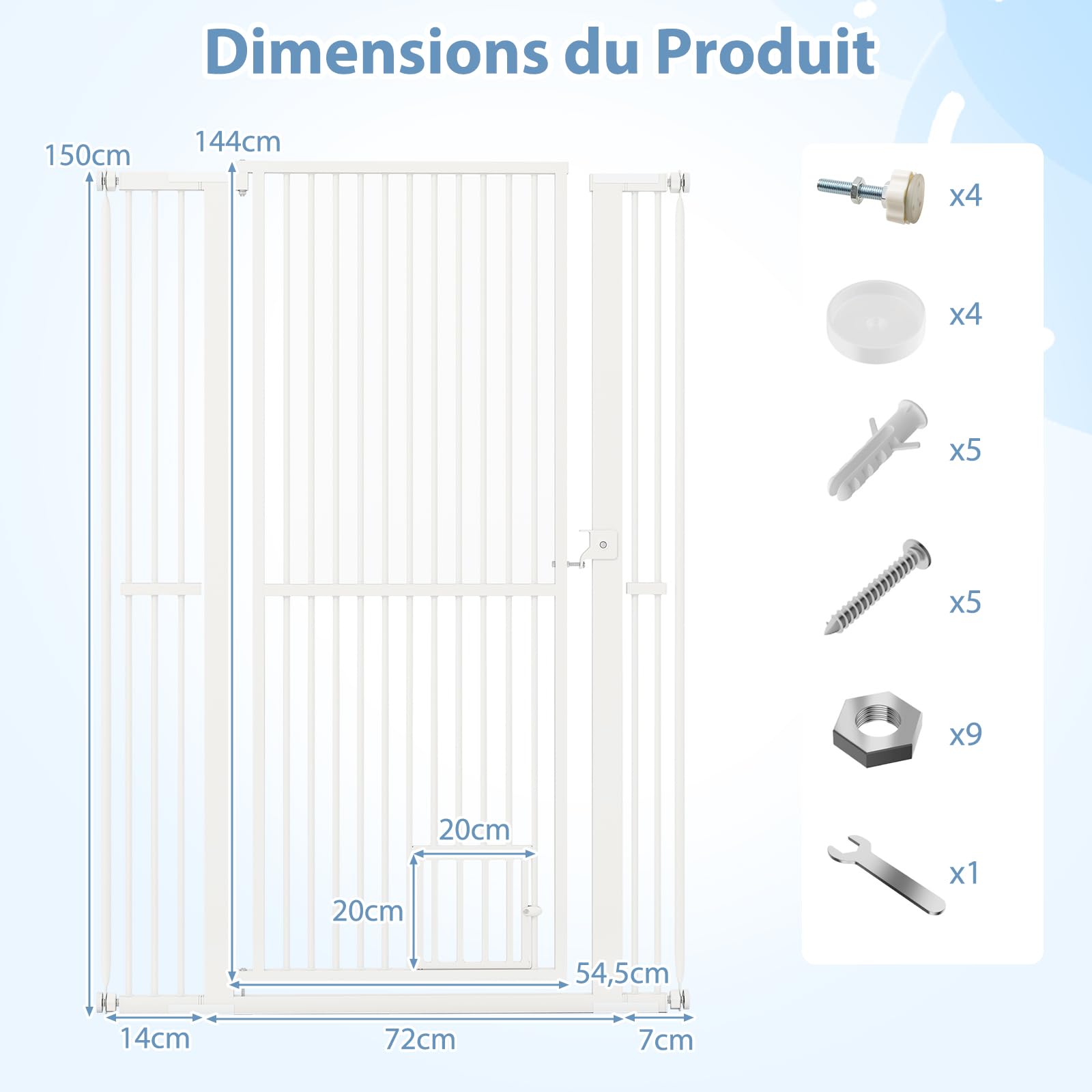COSTWAY Barriere de Securite Chien, Barrière Chien Chat en Métal, Ouverture 77-104 cm, 2 Extensions, Porte Verrouillable, Barriere sans Perçage pour Porte Cuisine, Pression/Matériel Monté (150 cm)