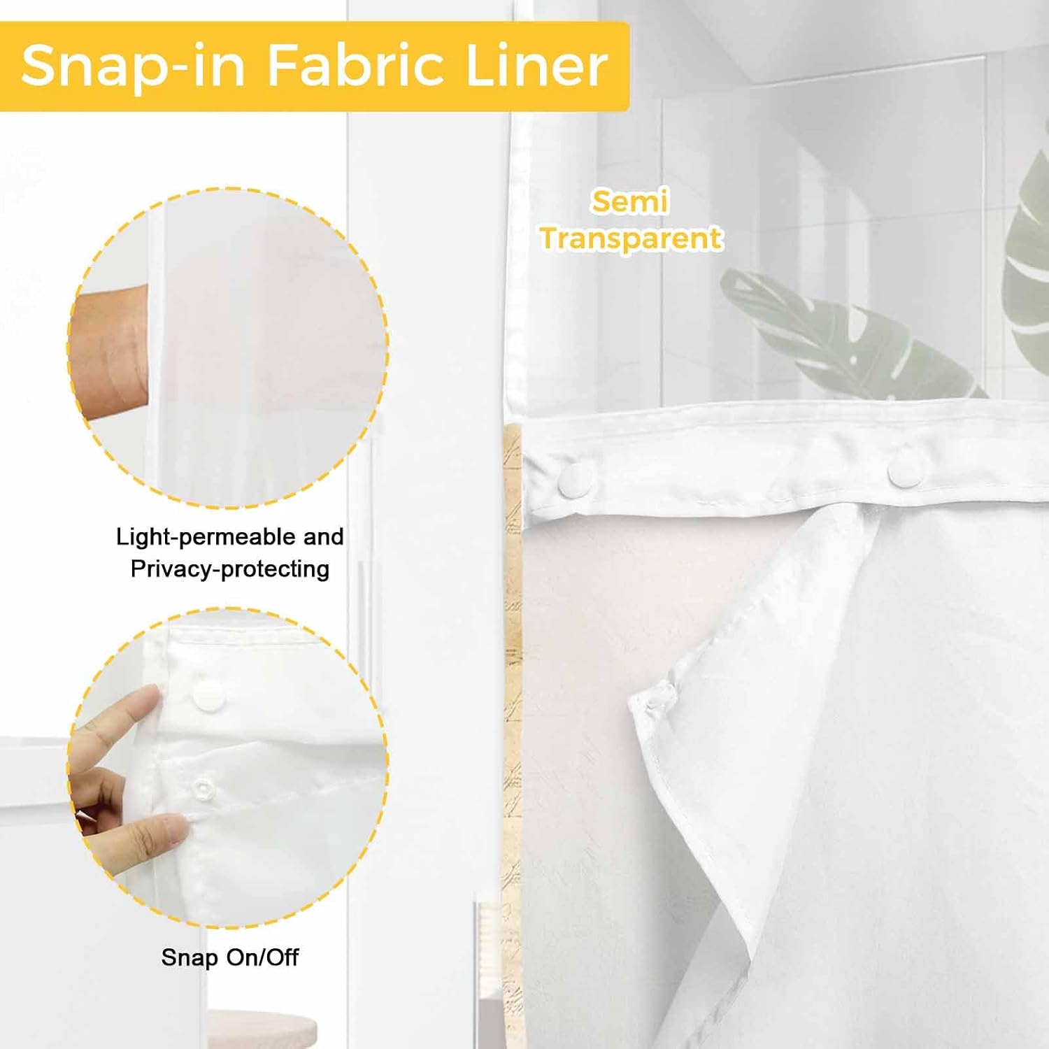 Chucoco No Hook Shower Curtain with Snap in Liner, Watercolor Summer Lemon on Vintage Letter Waterproof Washable Bathroom Shower Curtains See Through Top Window, Green Leaves Hotel Grade Bath Curtain