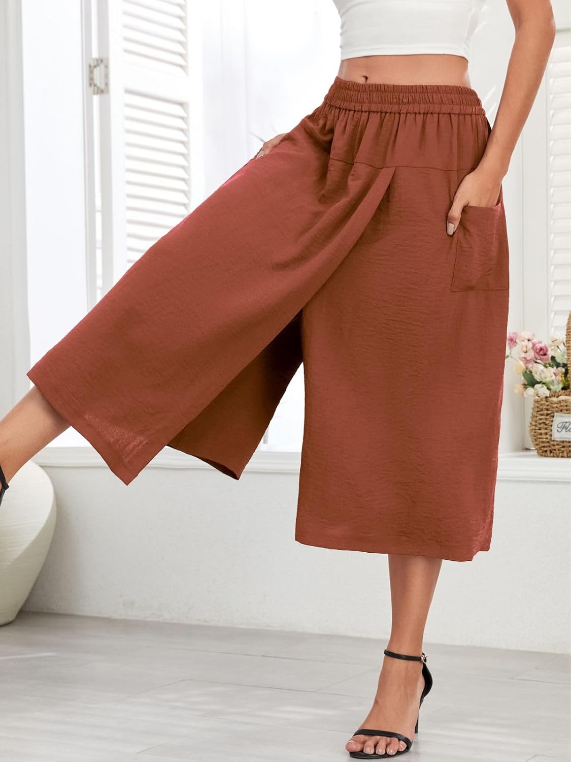 Women's Novelty Pants Relaxed Fit Capri Culottes Flowy Palazzo Skorts with Pockets - Image 3