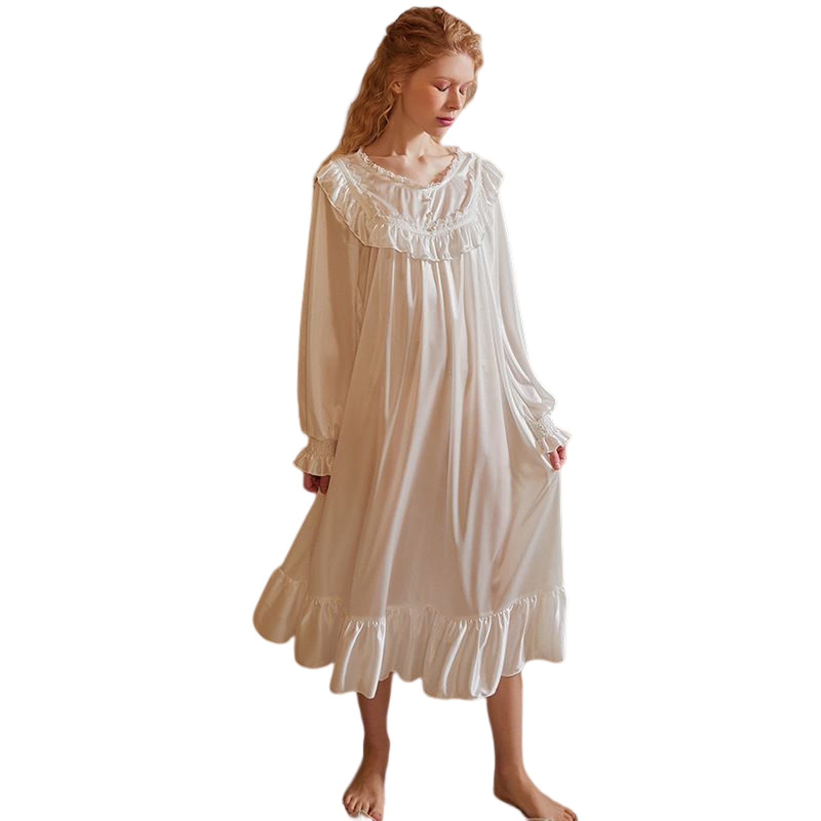 OFFSUM Camicia da Notte Donna - Primavera Estate Girocollo Princess Sleepwear Abito Stile Palazzo Vintage Camicia da Notte in Pizzo Camicia da Notte in Raso Bianco Lingerie