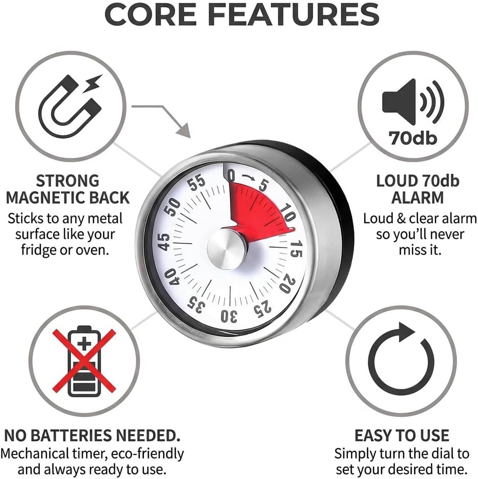 Magnetic Kitchen Timer, 60-Minute Mechanical Visual Countdown Timer, Loud Alarm & No Batteries Needed, Stainless Steel Timer for Cooking, Kids, Classroom, and Study