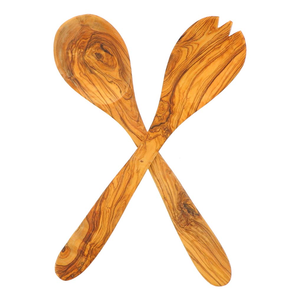 4X HOFMEISTER® Salatbesteck Holz 29 cm – Salatlöffel und Salatgabel aus Olivenholz, einzigartige Maserung, schont Schüssel und Salat – handgefertigt