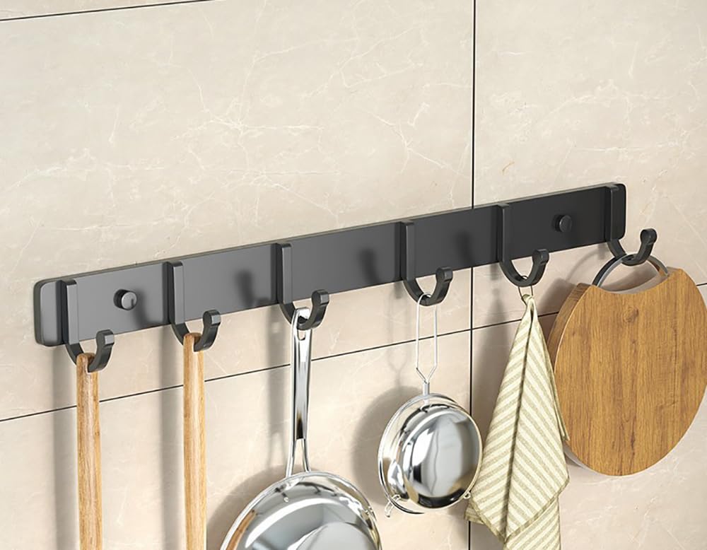 Xyagyund Black Hanging Pot Rack, Kitchen Utensils Holder 2 Pieces Utensil Rail With Sliding Hooks Wall Mounted Hanging Rack 304 Stainless Steel Hanger For Tools(44Cm)