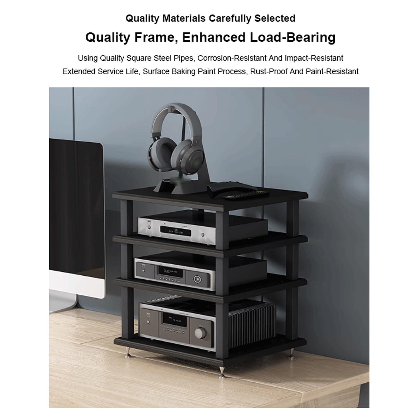 Mehrschichtiger AV-Media-Ständer, beweglicher Desktop-Audio-Regal, Turm, offener CD-Plattenspieler, Stereo-Schrank, Eckkomponentenschrank, kompatibel mit Zuhause, Büro, Wohnzimmer, Natur, 3