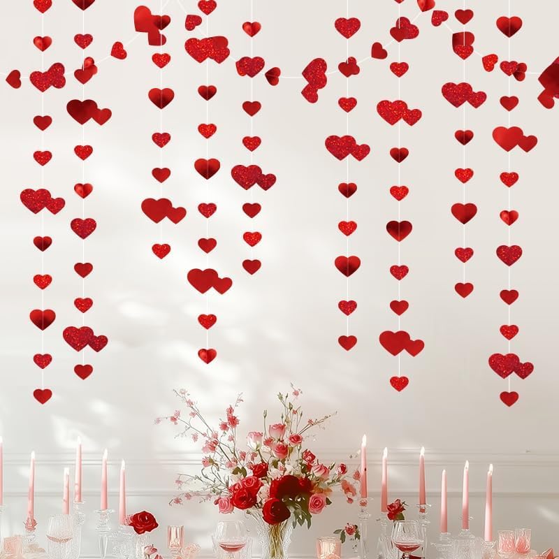 Red Heart Garland Metallic Glitter Hanging Heart Streamer Banner for Anniversary Mother's Day Engagement Wedding Bridal Shower