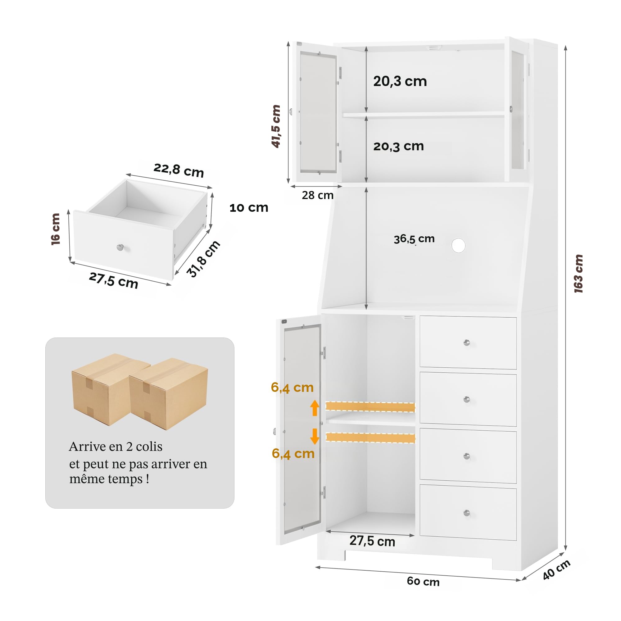 HOCSOK 163cm Armoire de Cuisine, Buffet Cuisine avec 3 Portes et 4 Tiroirs, Armoire Haute pour Salon, Salle à Manger, Bar, Style Moderne, Blanc
