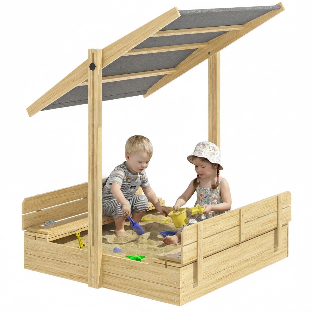 SPIELWERK® Toni Sandpit | Tilting Roof | Canopy | UV50+ Protection | Soft Play | Ideal with Kinetic Sand | Toddler Toys | Play House with 2 Benches & Ground Liner | 120x120 cm