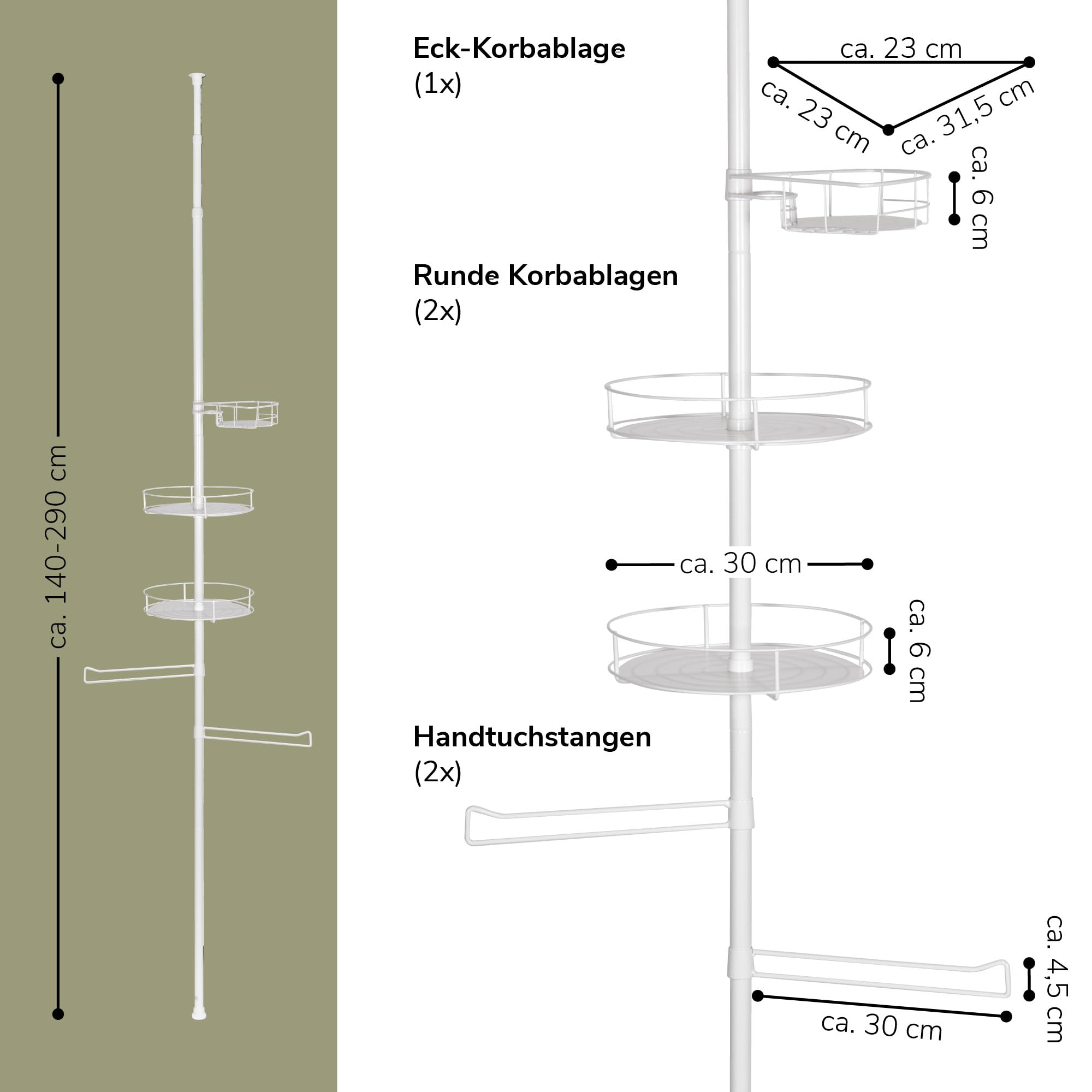 bremermann Teleskop-Badregal mit 3 Körben und 2 Haltern für Handtücher, ideal für Shampoo, Kosmetikartikel, Badutensilien uvm., höhenverstellbar bis max. 290 cm, aus Metall in Weiß