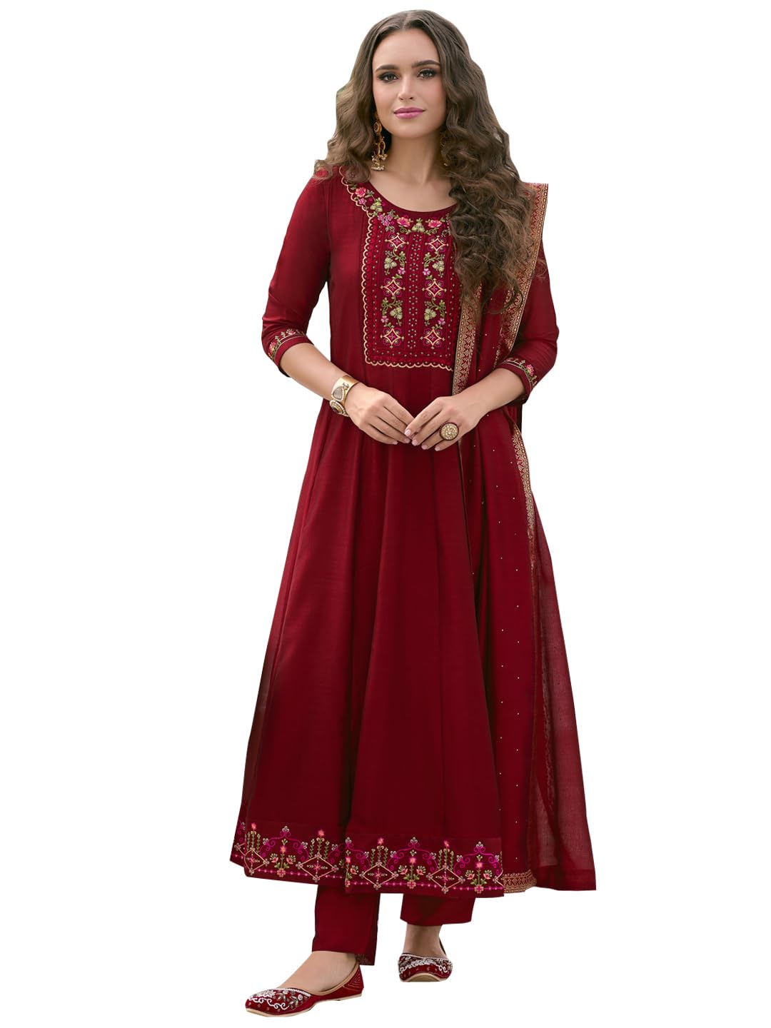 VredeVogel Women's Vichitra Silk Embroidered Kurta Pant Set with Swarosky Diamond Dupatta