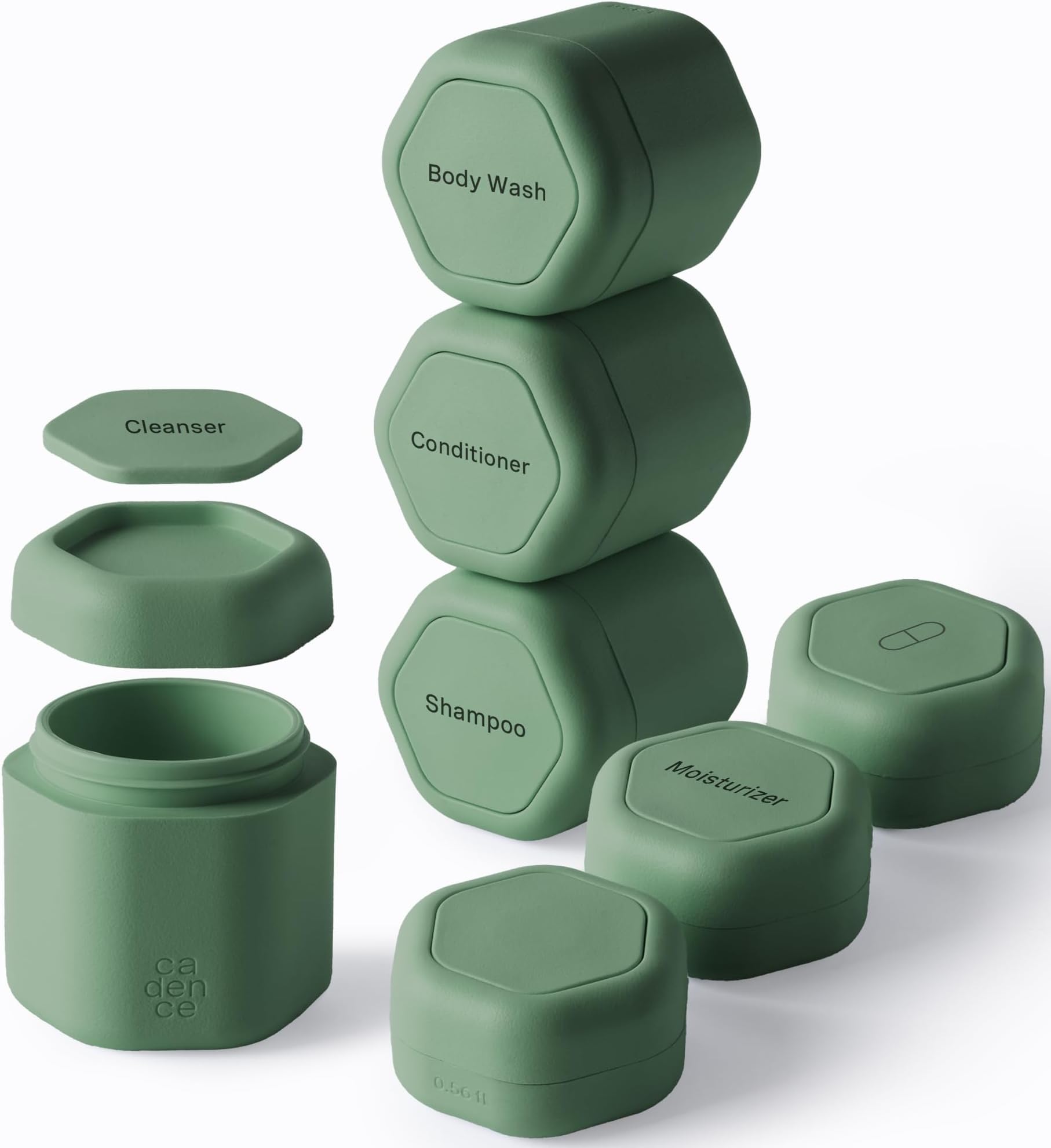 Cadence Travel Containers - Daily Routine Capsule Set - Magnetic Containers with Lids,4 Flex Mediums (1.32oz) & 3 Flex Smalls (0.56oz) - Shampoo, Conditioner, Body Wash, Pills, & More - Eucalyptus