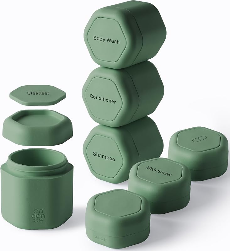 Cadence Travel Containers - Daily Routine Capsule Set - Magnetic Containers with Lids,4 Flex Mediums (1.32oz) & 3 Flex Smalls (0.56oz) - Shampoo, Conditioner, Body Wash, Pills, & More - Eucalyptus