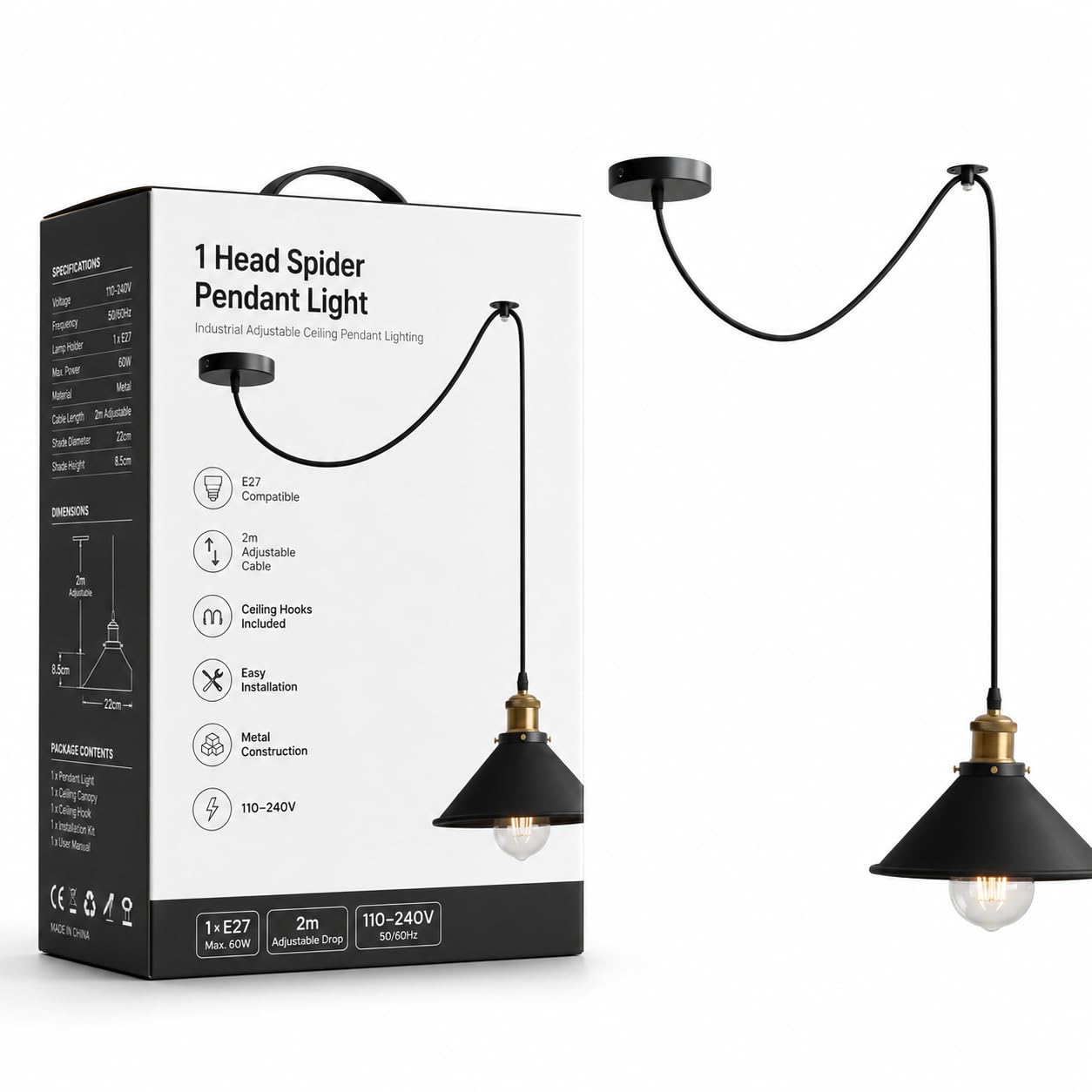 LEDSone Vintage Black Spider Cone Shaped Ceiling Pendant Light 1 Head Ceiling Spider Light with Bulb Shade Easy Fit Shades Decor Hanging Lights