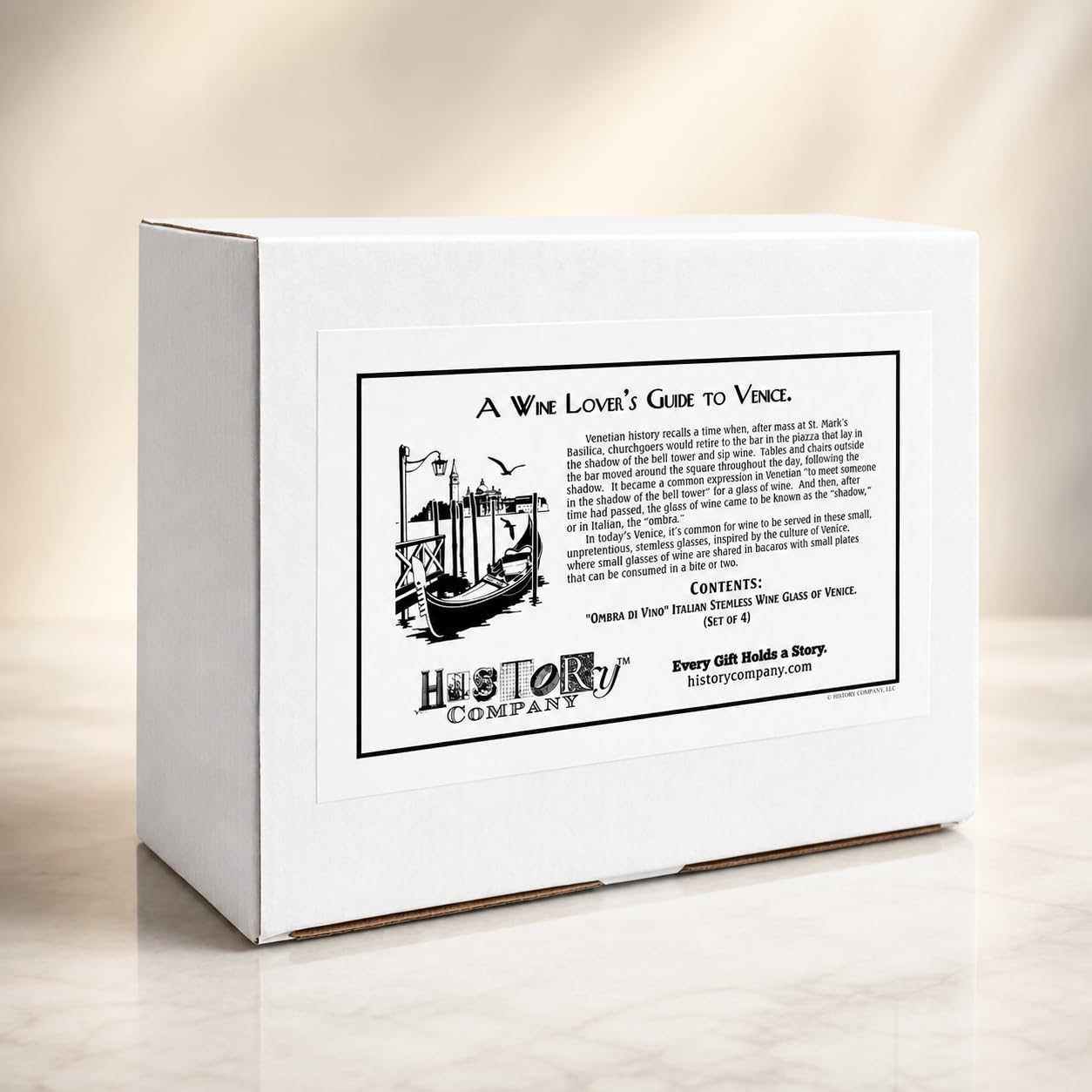 HISTORY COMPANY Ombra di Vino - Copa de vino italiana tradicional sin tallo de Venecia, juego de 4 piezas (colección en caja de regalo)