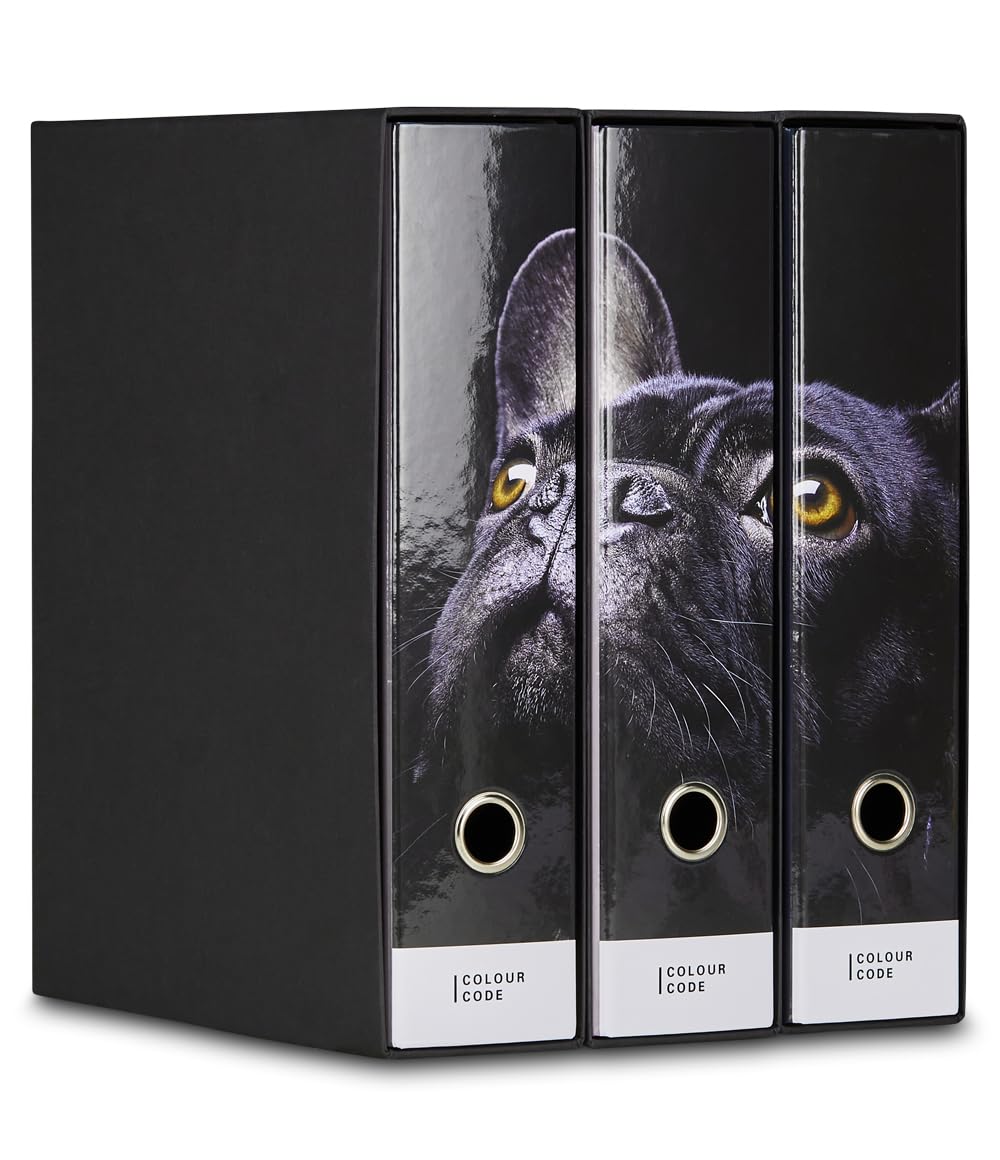 Set di 3 Raccoglitori ad Anelli, Colour Code, Nero, Tema Cagnolino, Plastificati Lucidi, Ideale per fogli A4, Meccanismo a Leva
