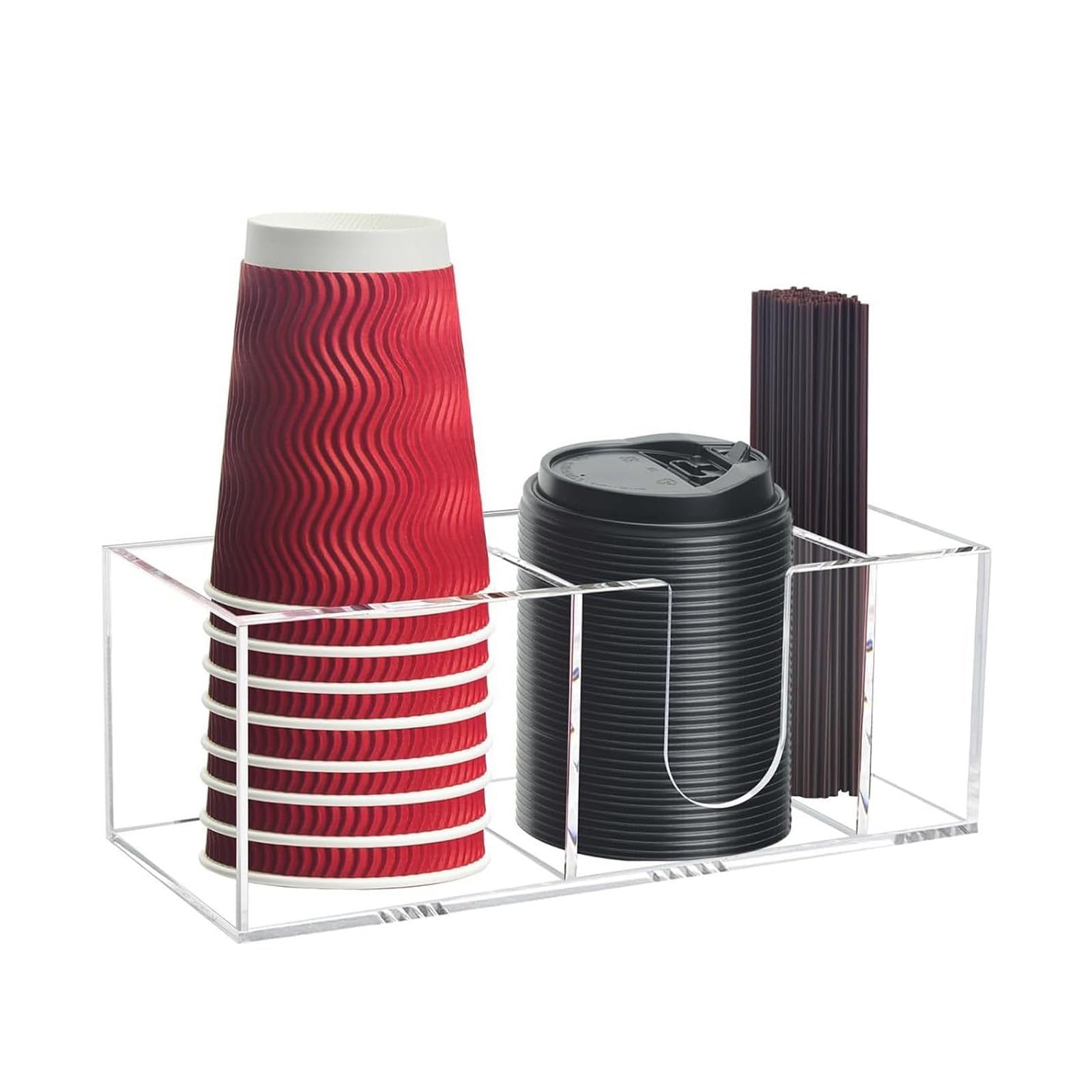 Punorric Coffee Cup Holder 3 Compartments Acrylic Clear Coffee Station Organizer for Countertop, Disposable Cup and Lid Holder Dispenser, Mug Storage Stand for Table Decor and Office Use