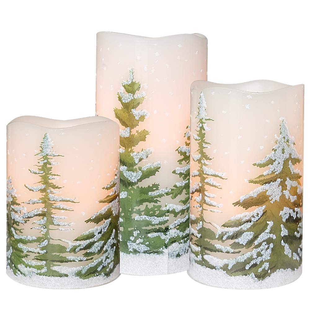 Eldnacele Green Tree Christmas Decor Flameless Flickering Candles with Automatical Daily Timers, Battery Operated LED Candles Real Wax Decals Pack 3 Tiered Pillars 3 x 4 5 6 Inches