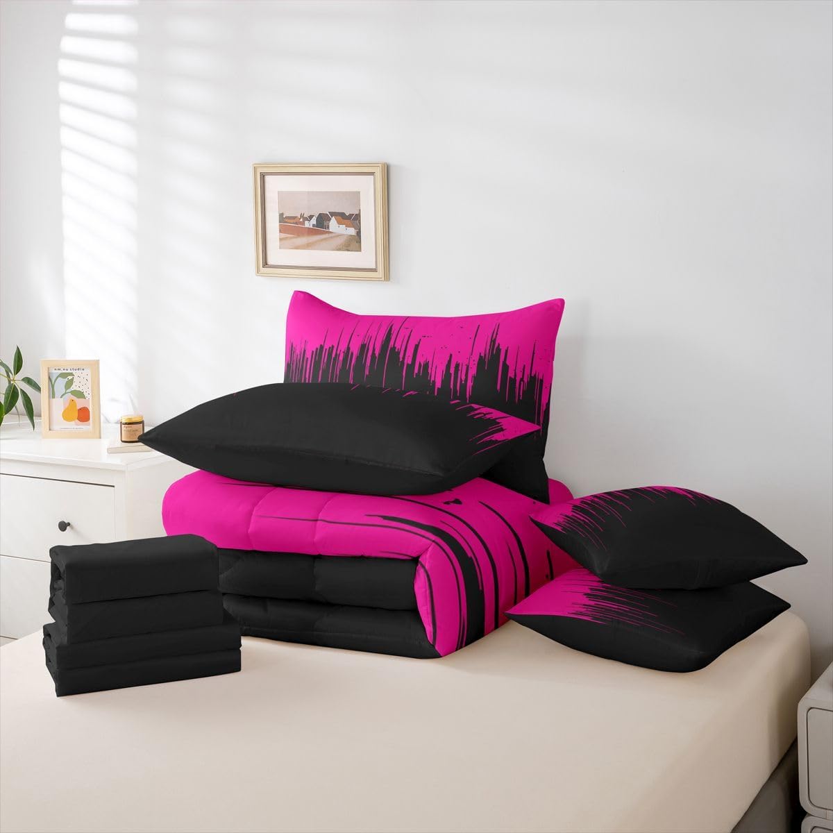 Feelyou 7 Piece Hot Pink Black Comforter Sets Abstract Bed in A Bag for Boys Teen Kids,Modern Art Geometric Queen Size Bedding Sets Luxury Comforter Microfiber Bed Set for All Season Home Decor