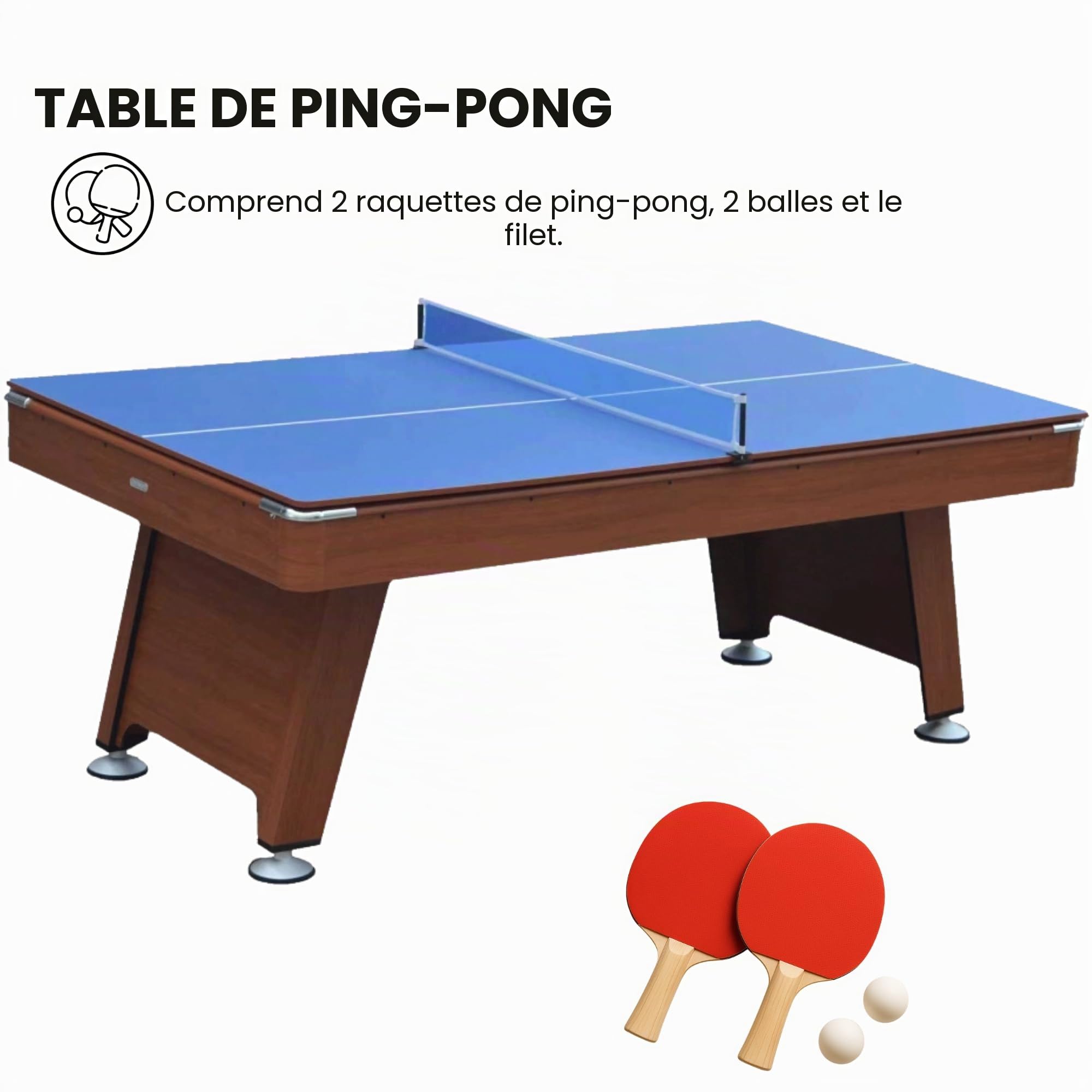 DEVESSPORT Table de billard 3 en 1 marron – Billard, ping-pong et table de salle à manger avec tous les accessoires, fabriqué en MDF, niveleurs de pieds et dimensions 215 x 121 x 78 cm