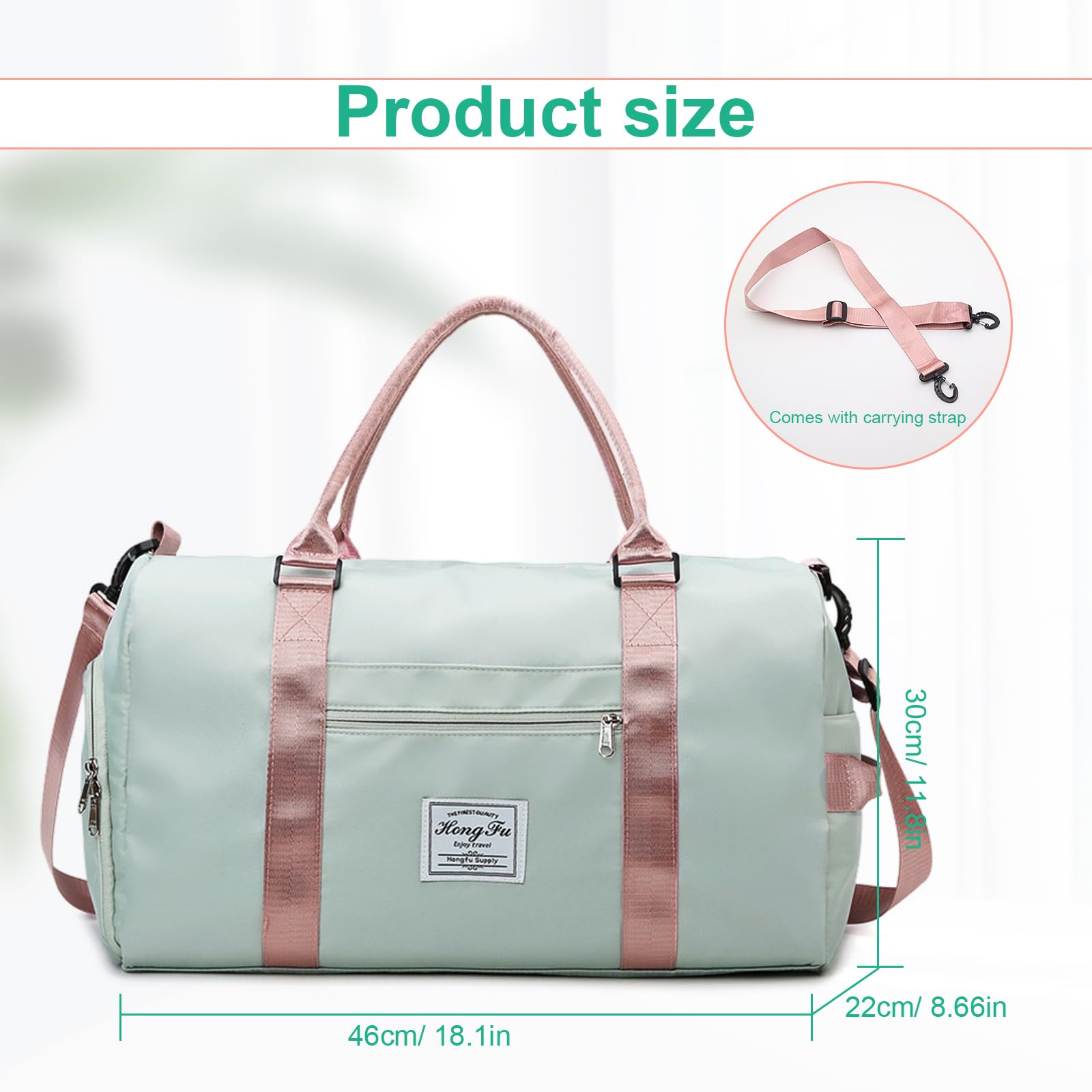 Bolsa Deporte, Verde y Rosa Bolsas Deporte Mujer, Separación para Ropa Seca y Mojada Bolsa Gimnasio Hombre, con Compartimento para Zapatos, para Fitness, Camping — view 2