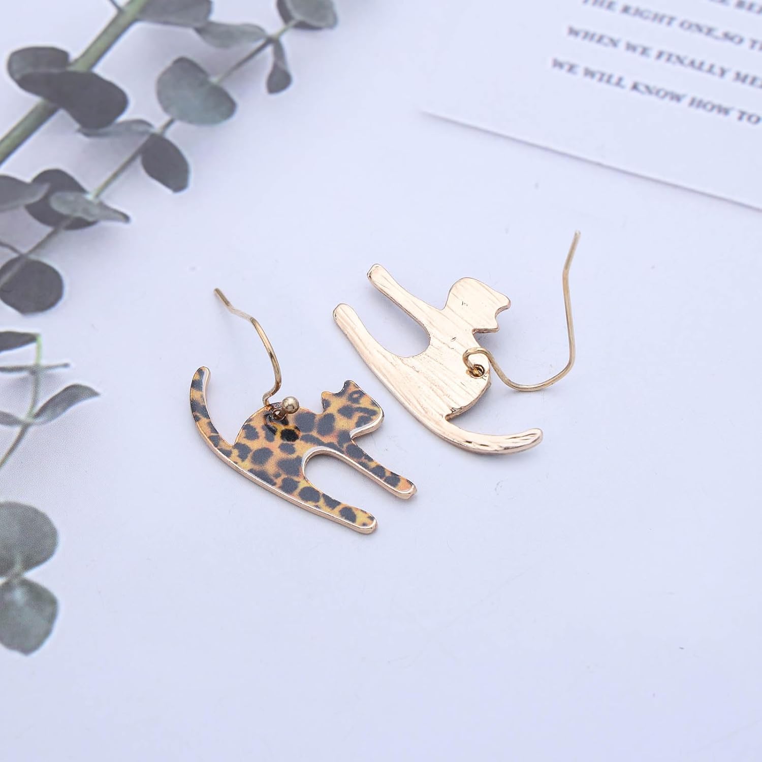 Cute Cat Earrings Funny Cartoon Kitten Earrings Animal Cat Dangle Earrings Brown Cartoon Cat Earrings Leopard Print Cat Drop Earrings Jewelry for Women - Image 4