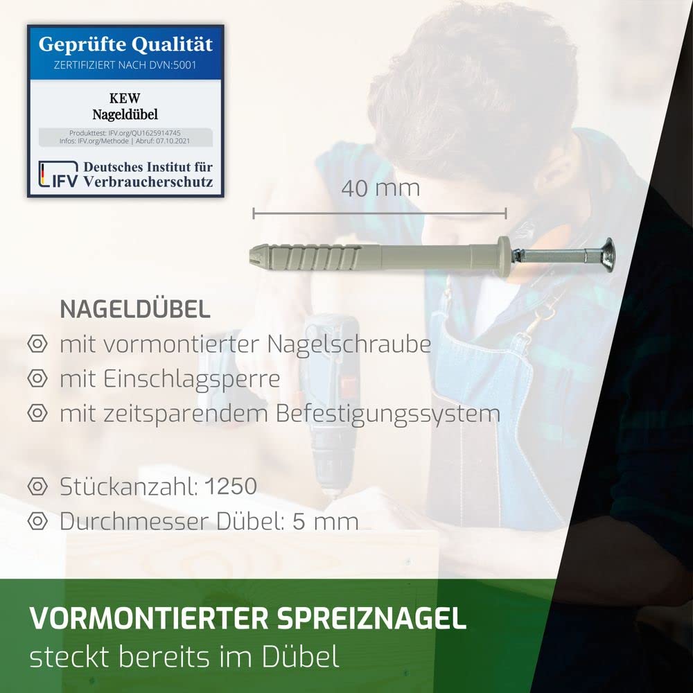 KEW 1250x Nageldübel mit Zylinderkopf und vormontierter Nagelschraube - Spreiz-Dübel - Nylon-Dübel mit Einschlagsperre - 5 x 40 mm - 1250er-Pack