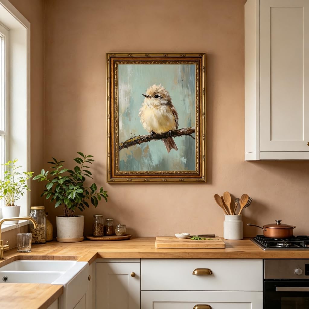 Gold Framed Bird Canvas Wall Art Vintage Bird Beige Sparrow painting Decor Pictures Sparrow on Branch Bedroom Living Posters Prints for Corridor Classroom Bedroom Kitchen Room Decoration