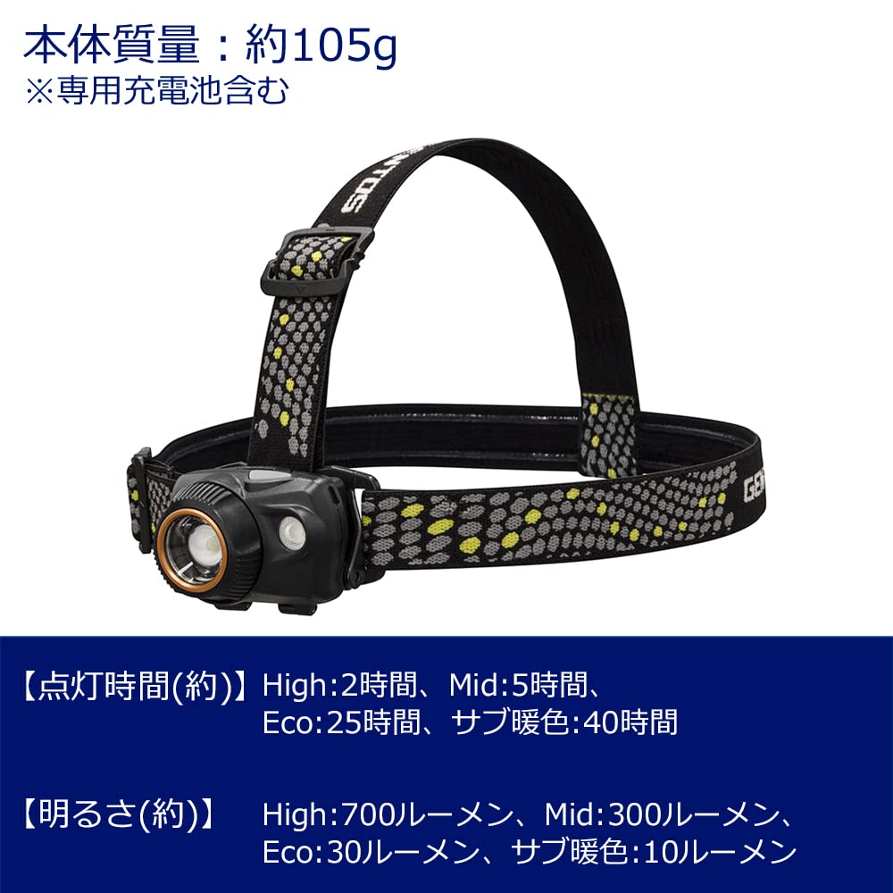 GENTOS WS-300H Rechargeable LED Headlight, 700 Lumens, USB Rechargeable, 6.6ft Drop Resistant, IP64